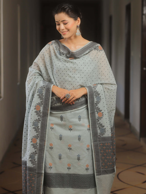 Banarasee Cotton Salwar Kameez Fabric With Dupatta & Resham Zari-Grey