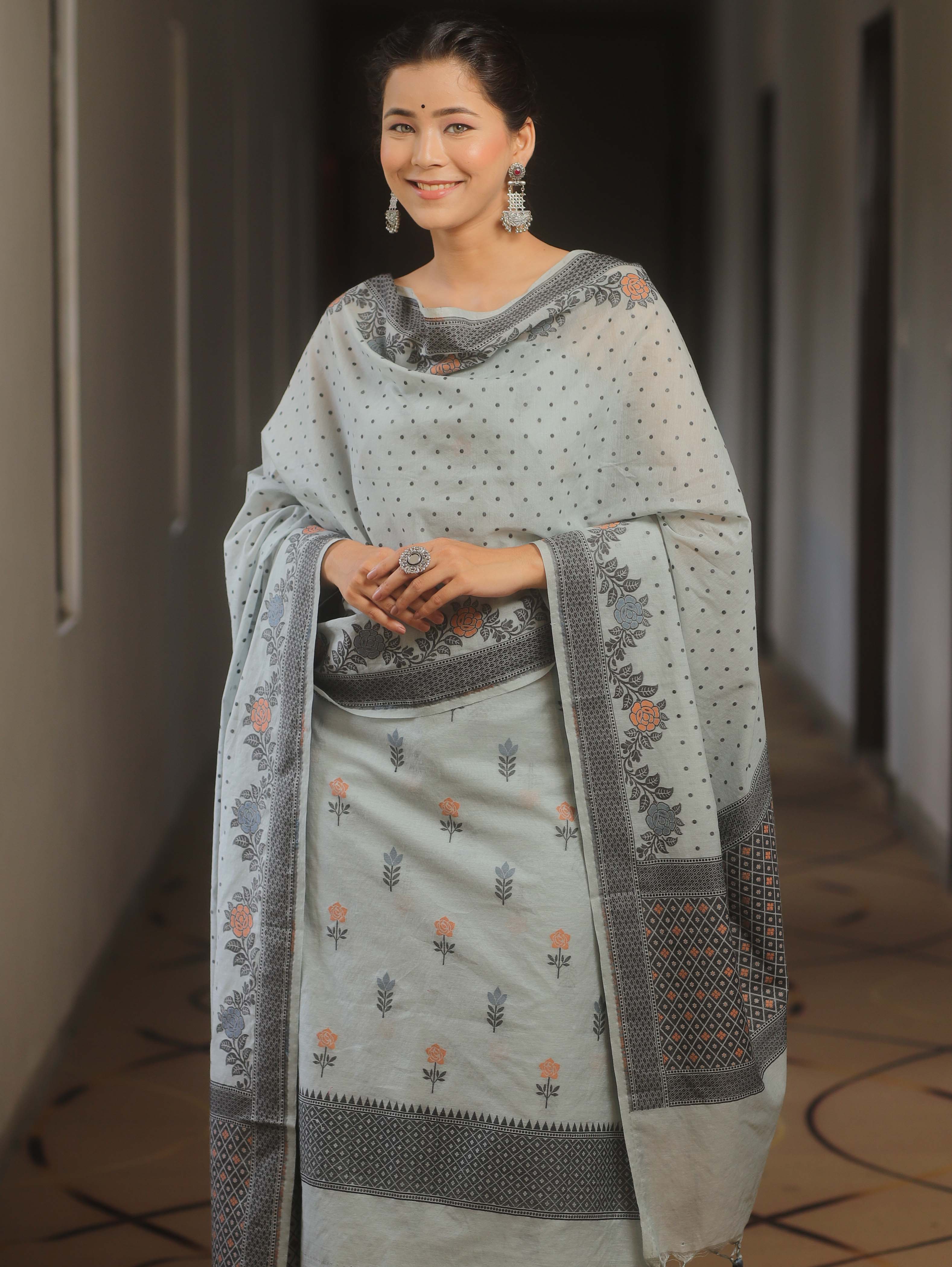 Banarasee Cotton Salwar Kameez Fabric With Dupatta & Resham Zari-Grey