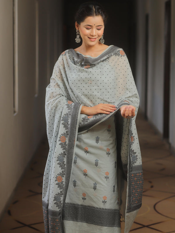 Banarasee Cotton Salwar Kameez Fabric With Dupatta & Resham Zari-Grey