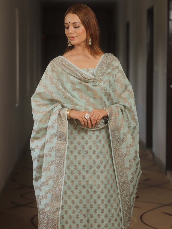 Banarasee Cotton Salwar Kameez Fabric With Dupatta & Resham Zari-Light Blue