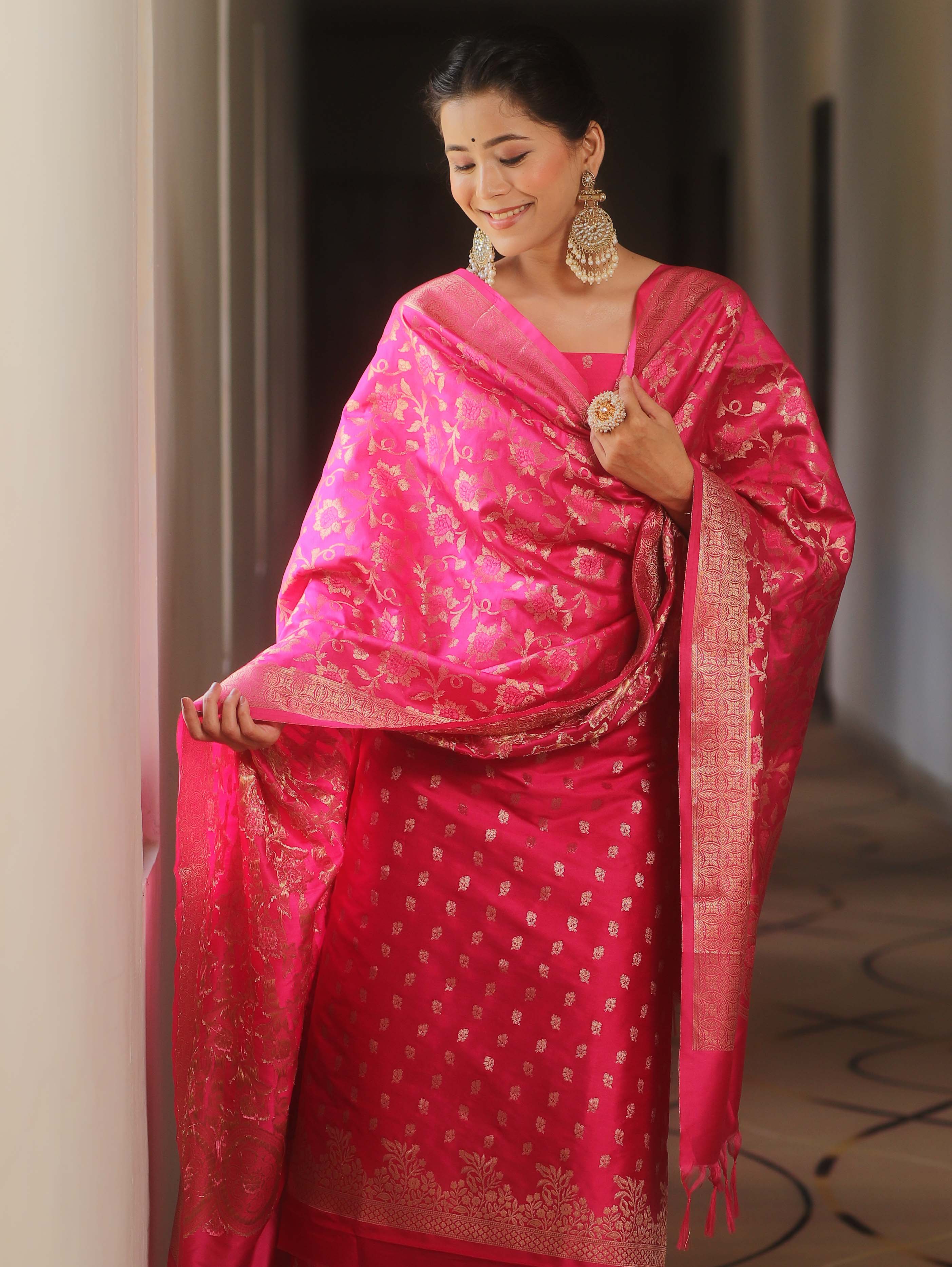 Banarasee Salwar Kameez Semi Katan Silk Fabric With Dupatta-Hot Pink