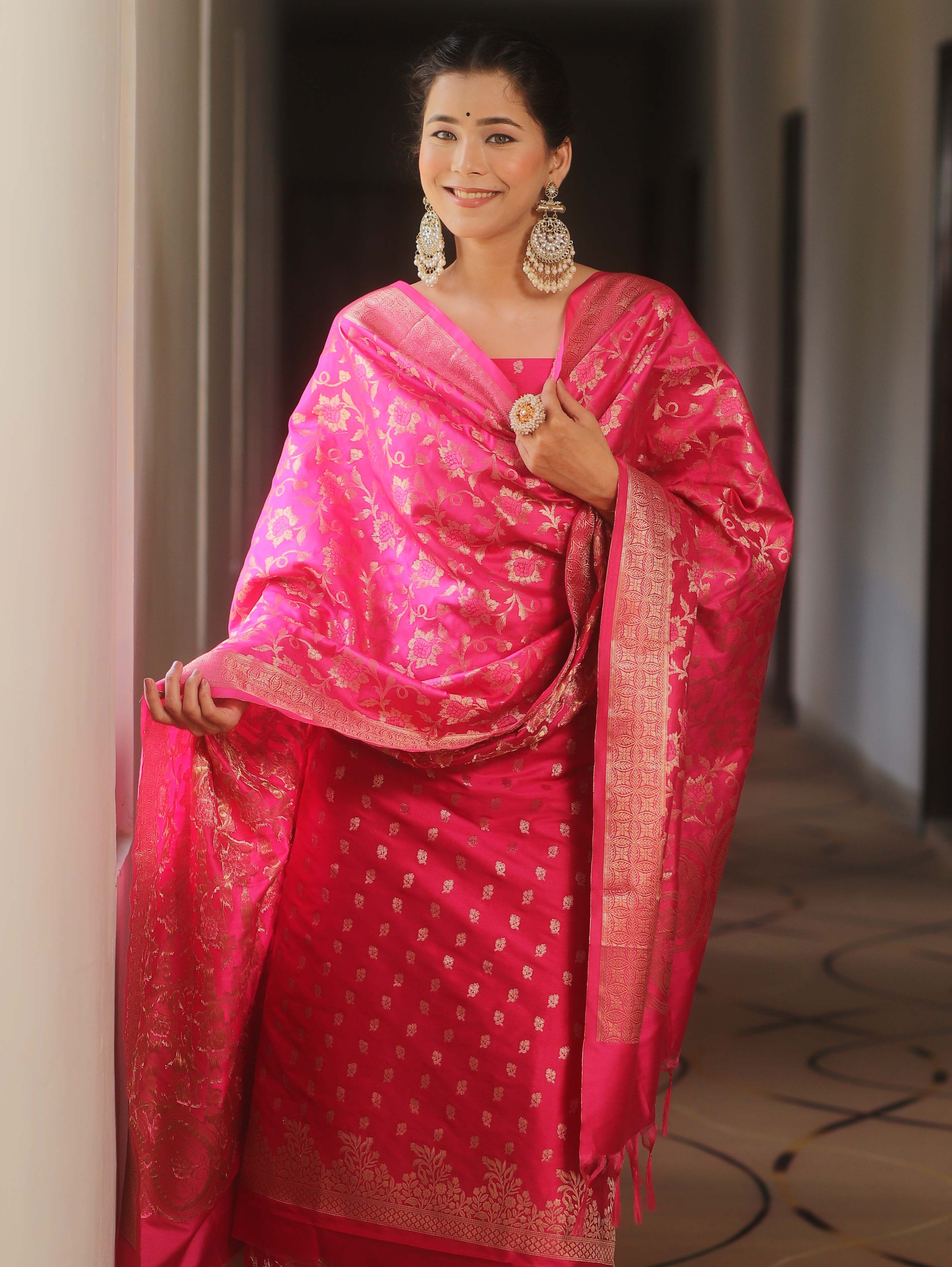 Banarasee Salwar Kameez Semi Katan Silk Fabric With Dupatta-Hot Pink