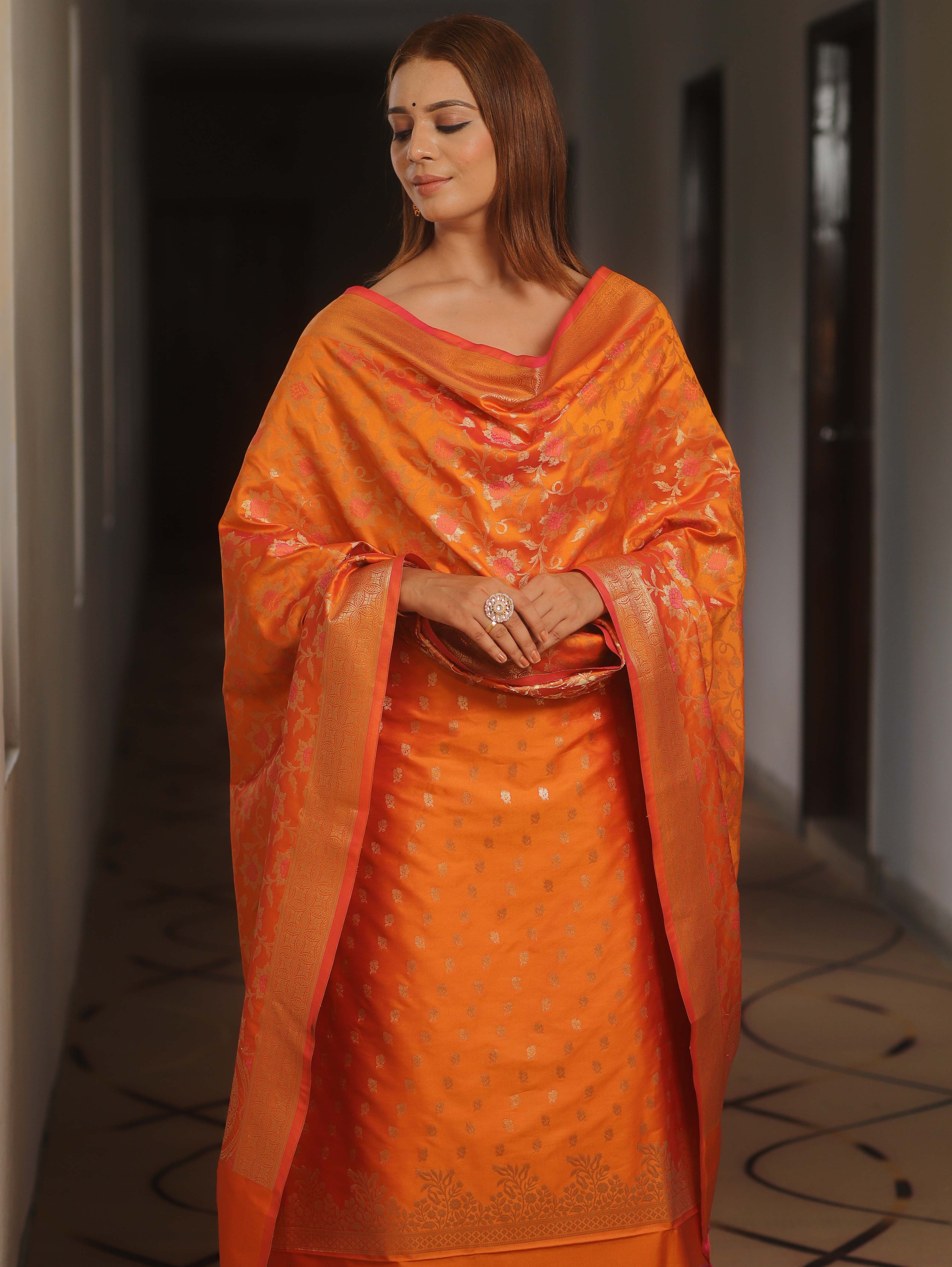 Banarasee Salwar Kameez Semi Katan Silk Fabric With Dupatta-Orange