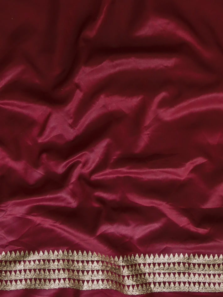 Banarasee Handwoven Semi Katan Saree With Zari Jaal Design & Border-Maroon