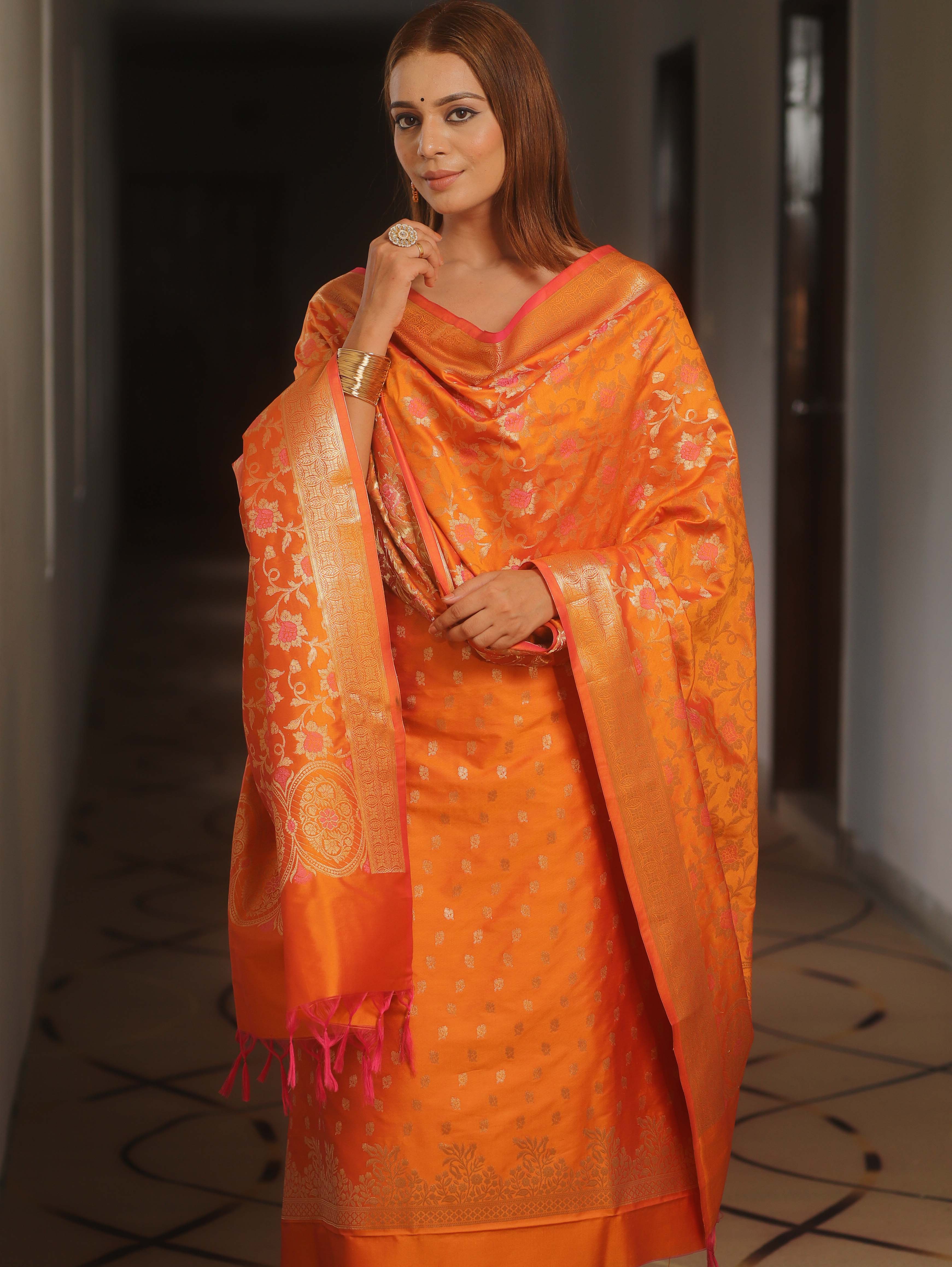 Banarasee Salwar Kameez Semi Katan Silk Fabric With Dupatta-Orange