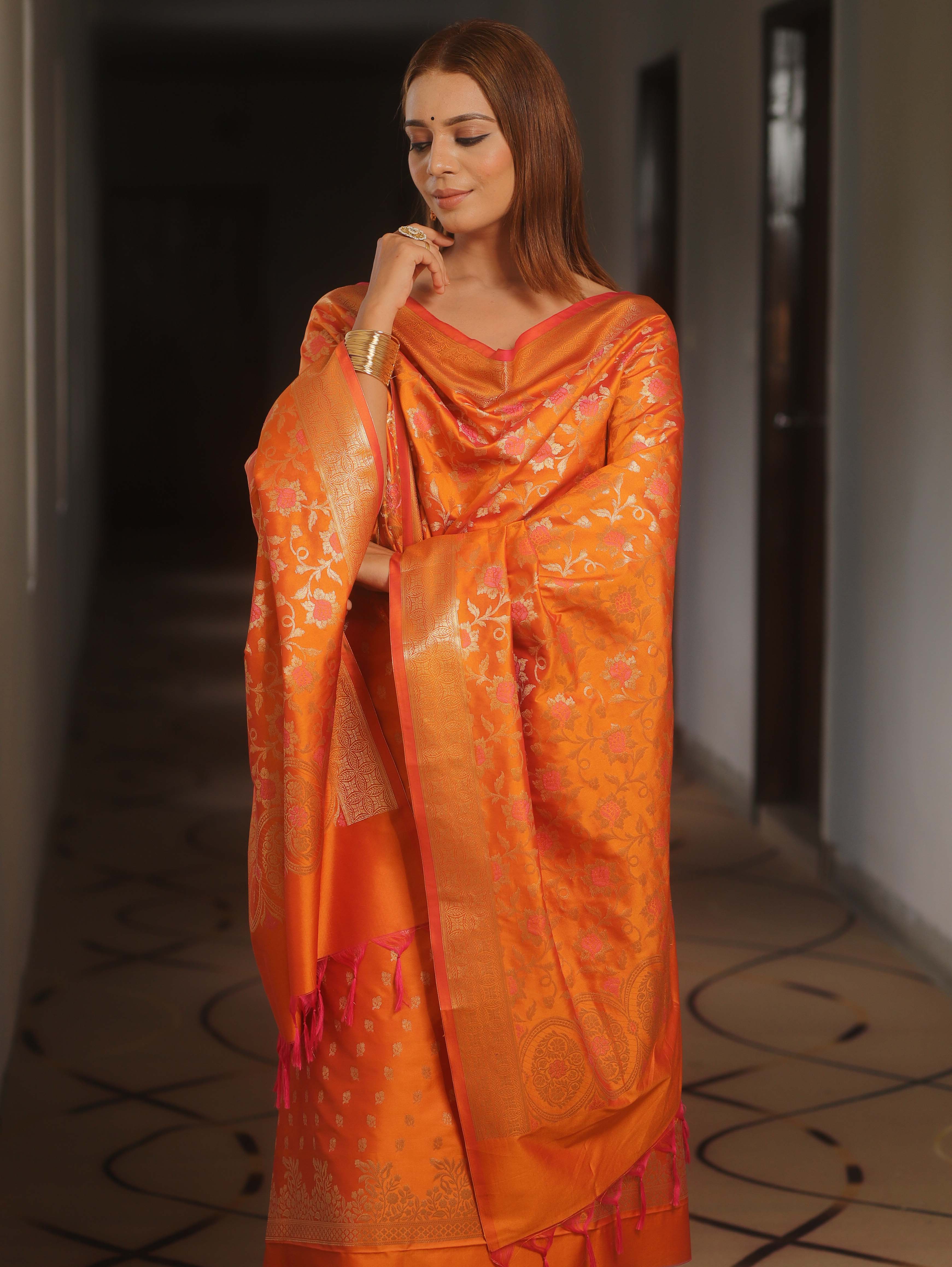 Banarasee Salwar Kameez Semi Katan Silk Fabric With Dupatta-Orange