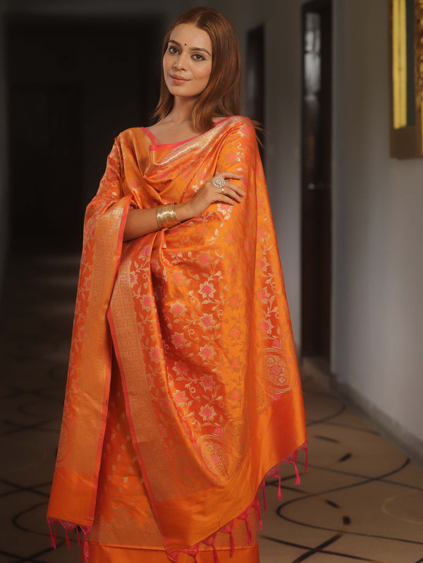 Banarasee Salwar Kameez Semi Katan Silk Fabric With Dupatta-Orange