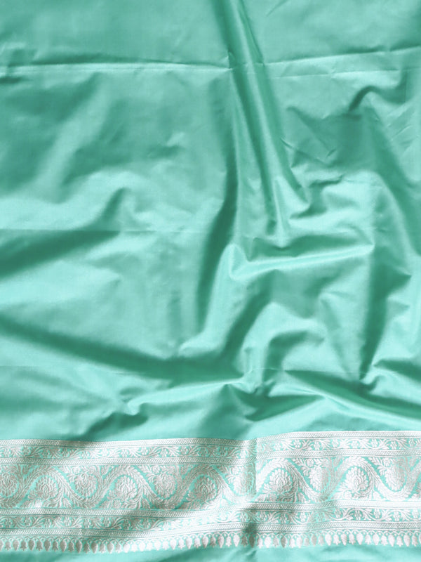 Banarasee Semi-Katan Silver Zari Border Saree With Lace-Sea Green