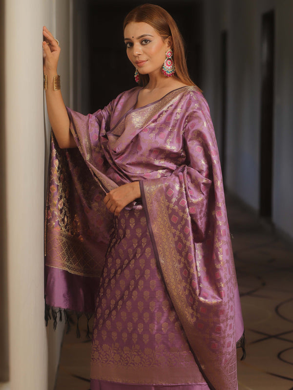 Banarasee Salwar Kameez Semi Katan Silk Fabric With Dupatta-Purple