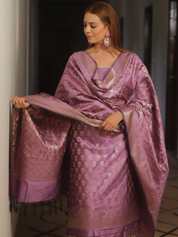 Banarasee Salwar Kameez Semi Katan Silk Fabric With Dupatta-Purple