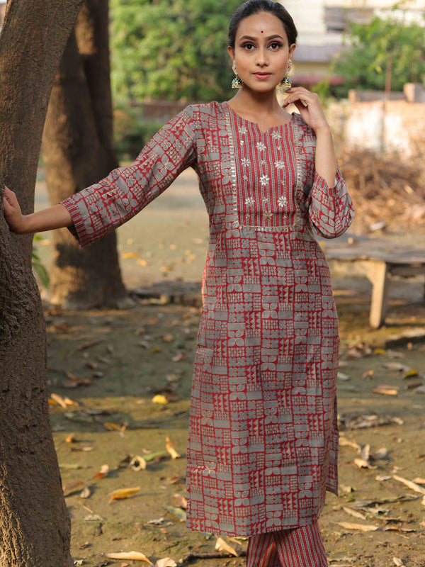 Banarasee Cotton Flex Printed Kurta With Pants-Grey