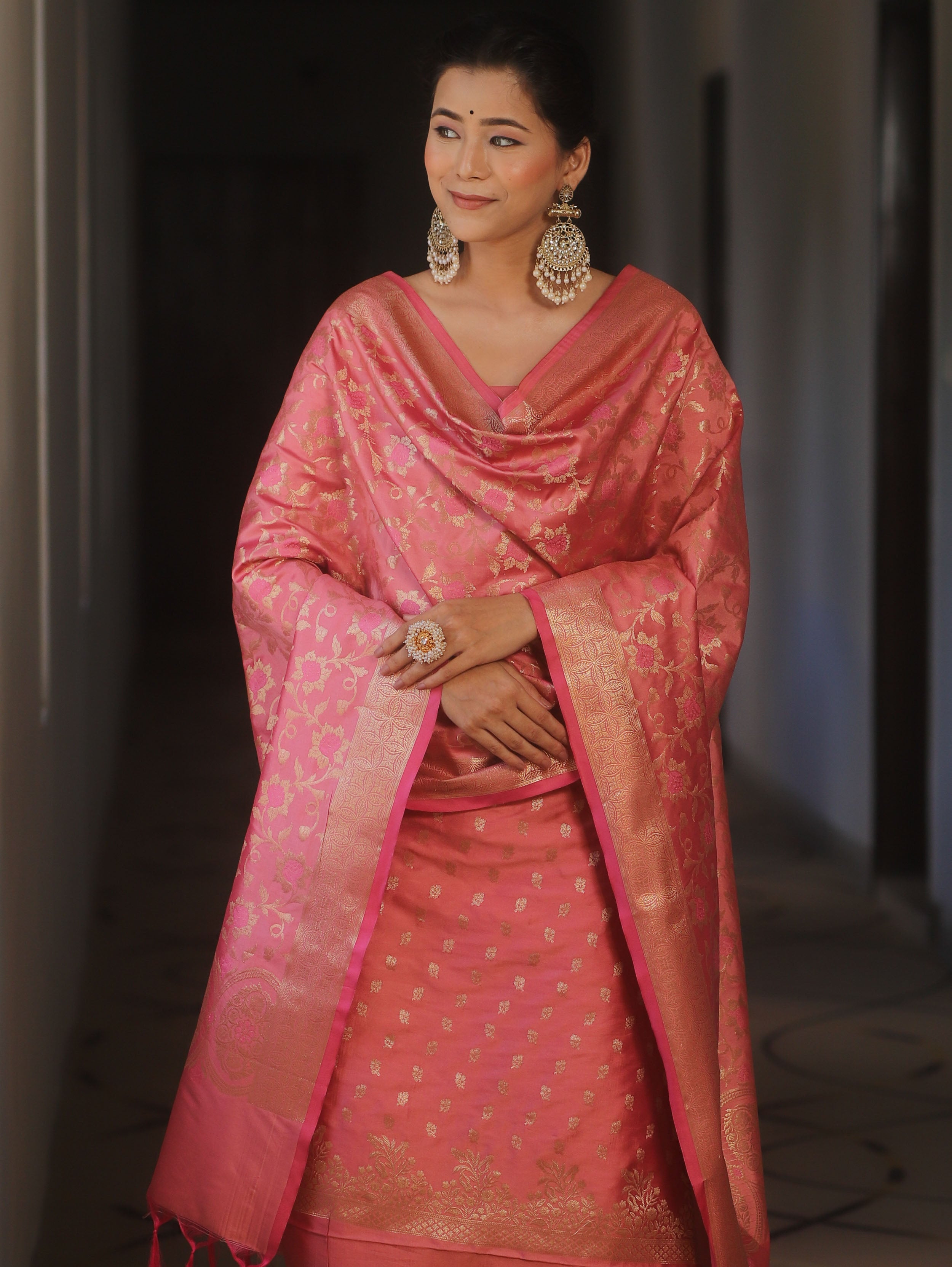 Banarasee Salwar Kameez Semi Katan Silk Fabric With Dupatta-Pink