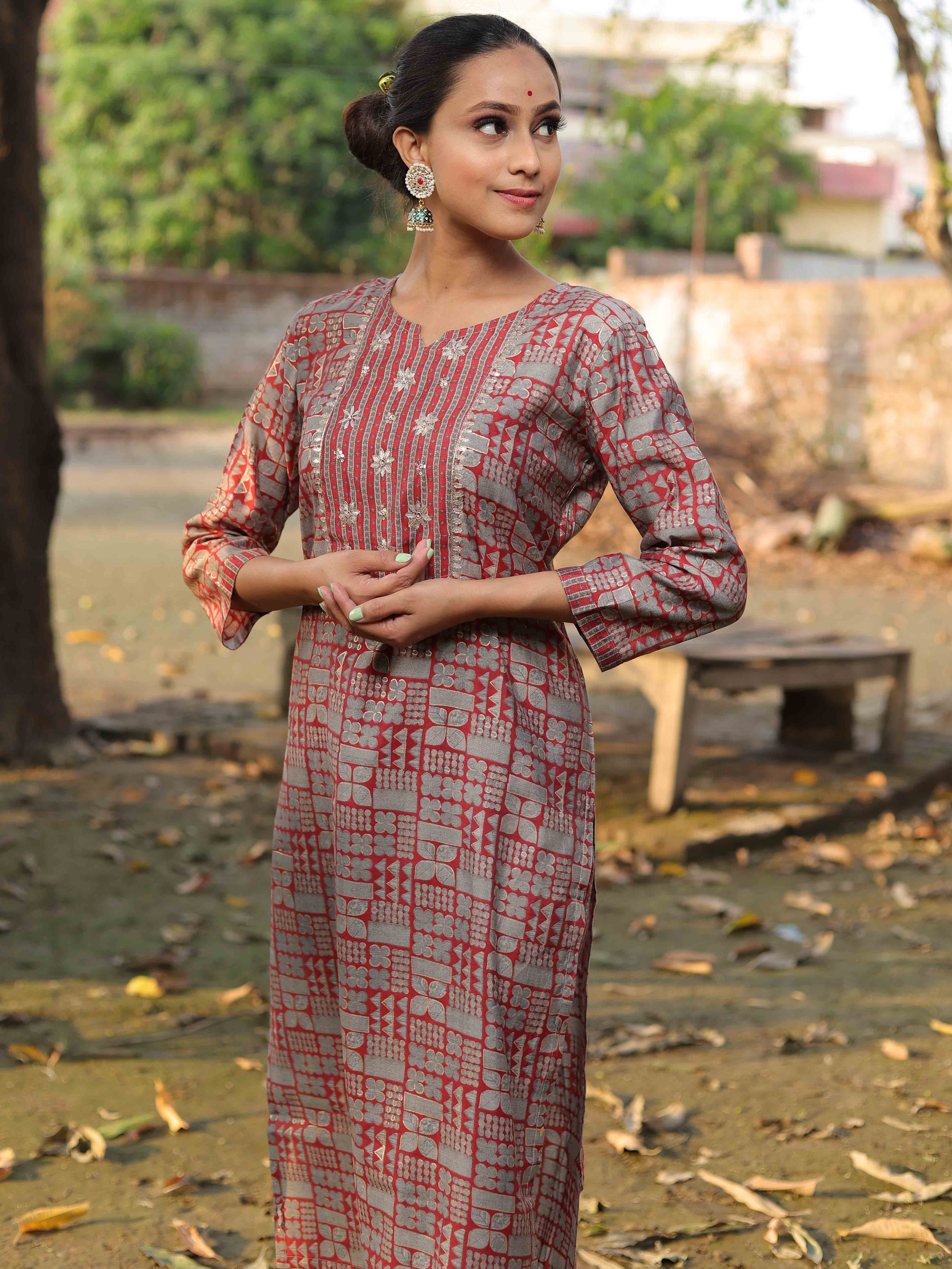 Banarasee Cotton Flex Printed Kurta With Pants-Grey