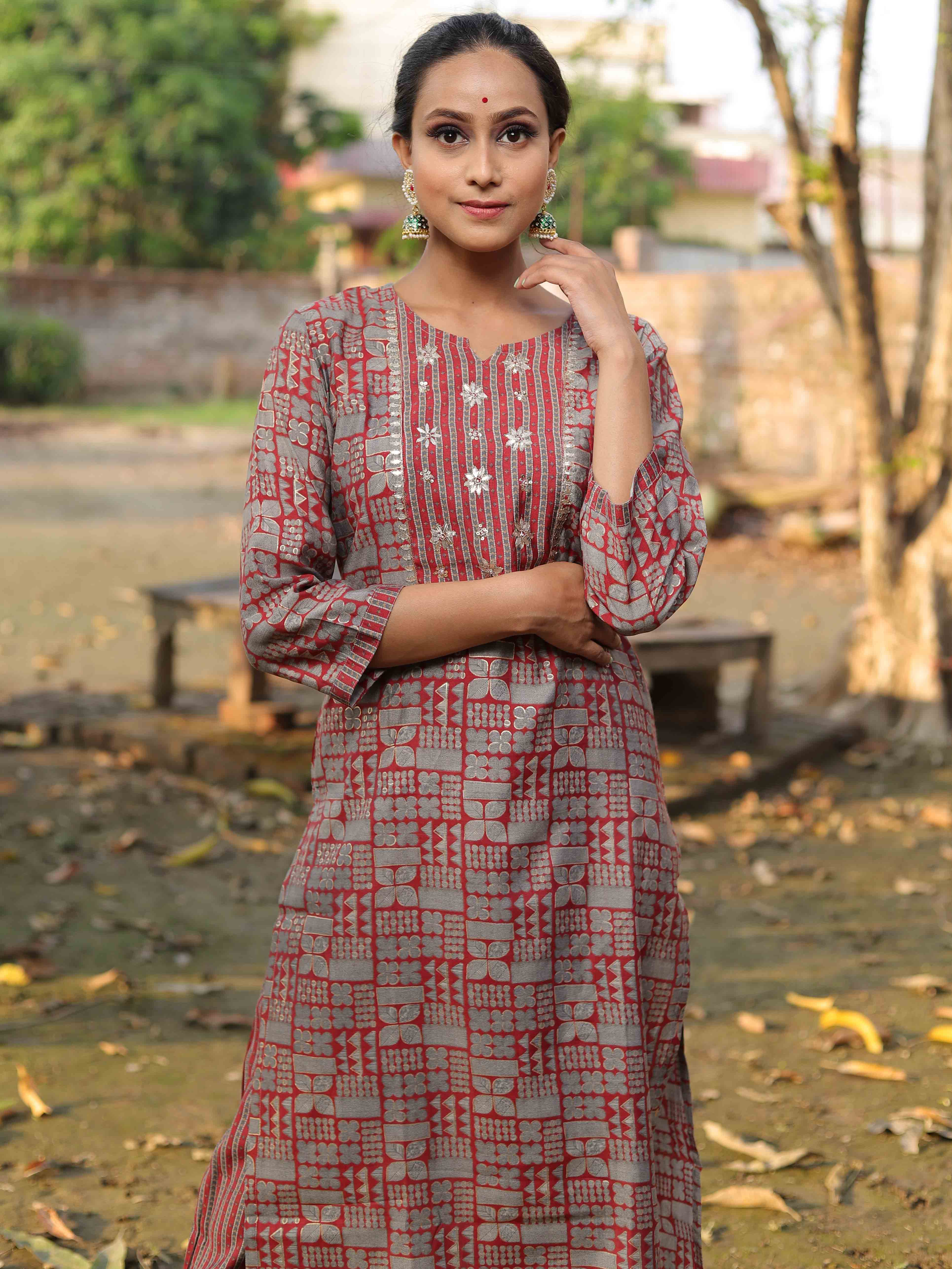 Banarasee Cotton Flex Printed Kurta With Pants-Grey