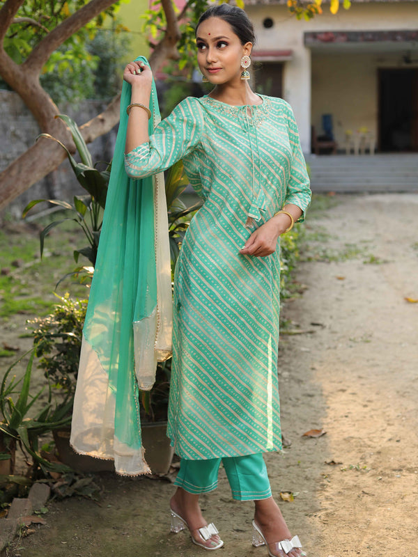 Banarasee Muslin Silk Kurta Pants With Chiffon Dupatta Suit Set-Green