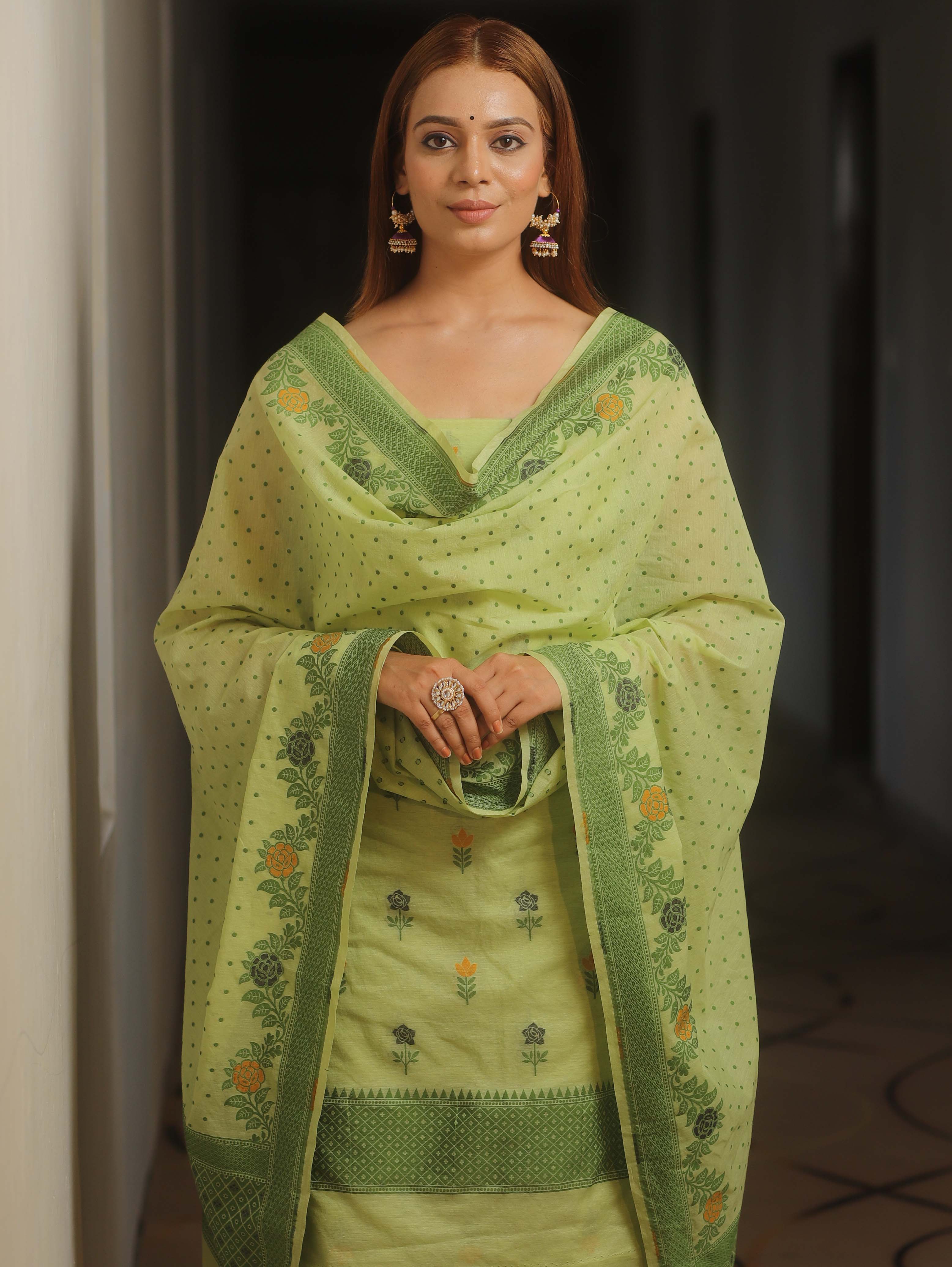 Banarasee Cotton Salwar Kameez Fabric With Dupatta & Resham Zari-Light Green