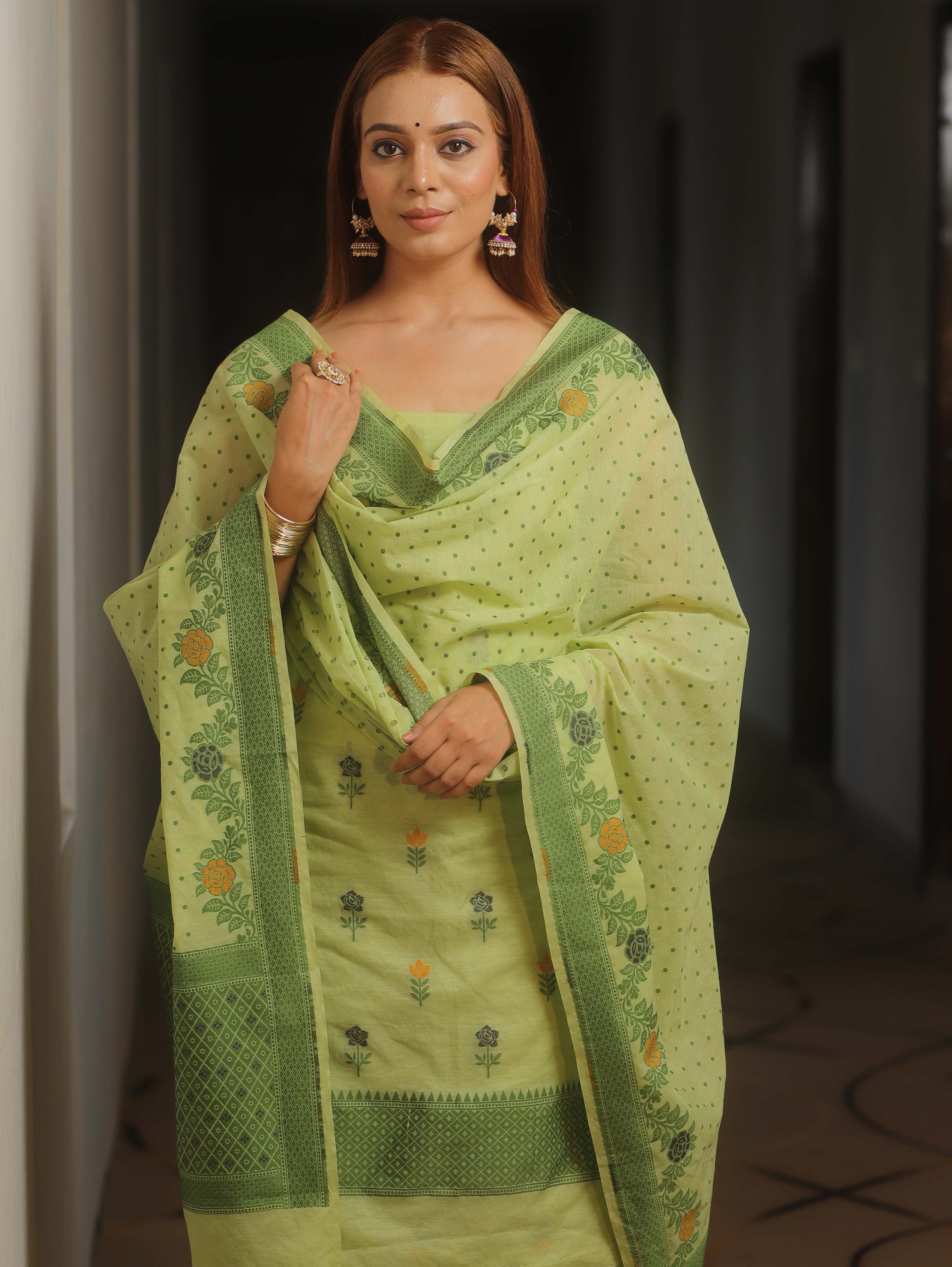 Banarasee Cotton Salwar Kameez Fabric With Dupatta & Resham Zari-Light Green