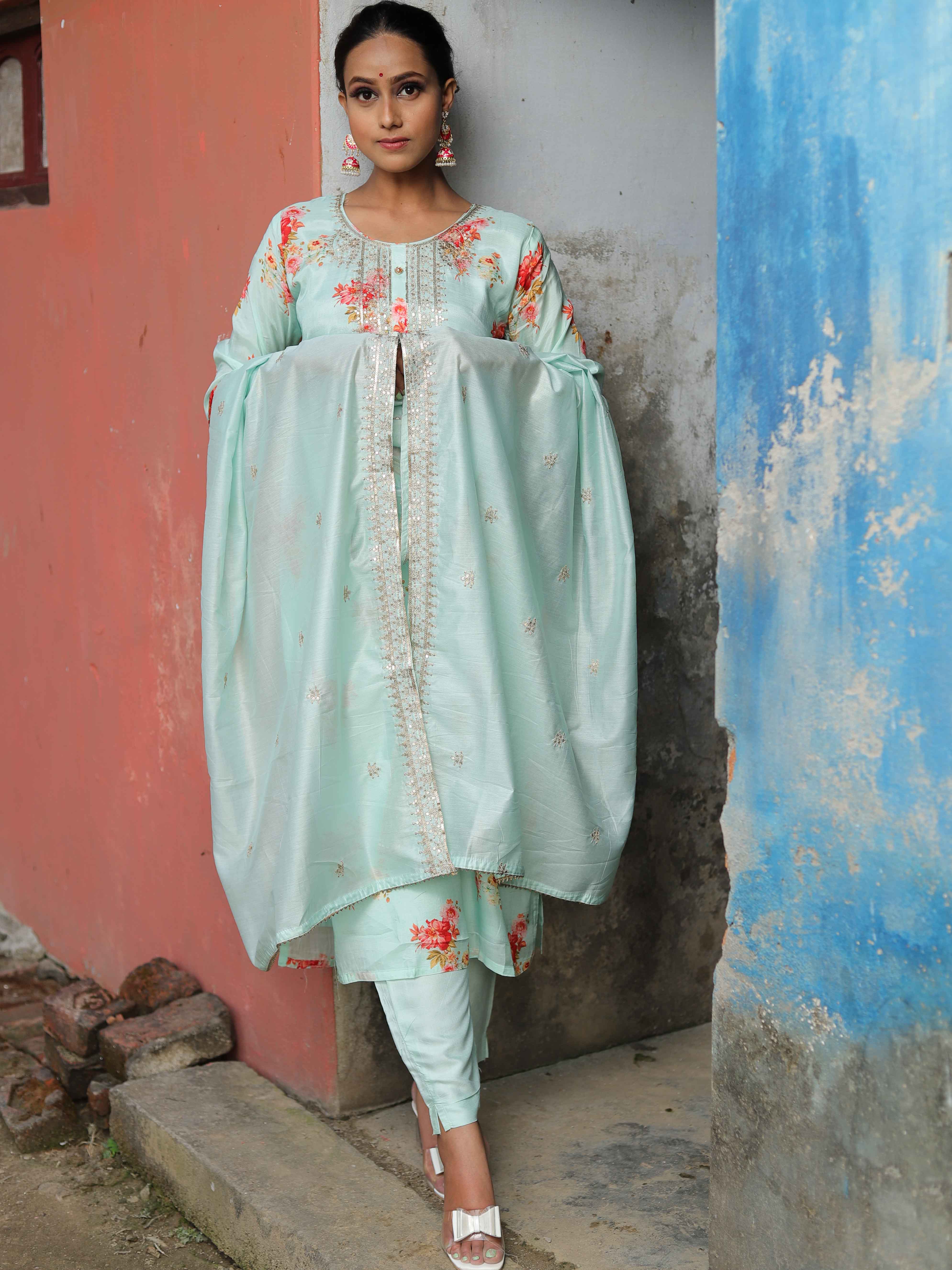 Banarasee Muslin Silk Kurta Pants With Dupatta Suit Set-Sea Green