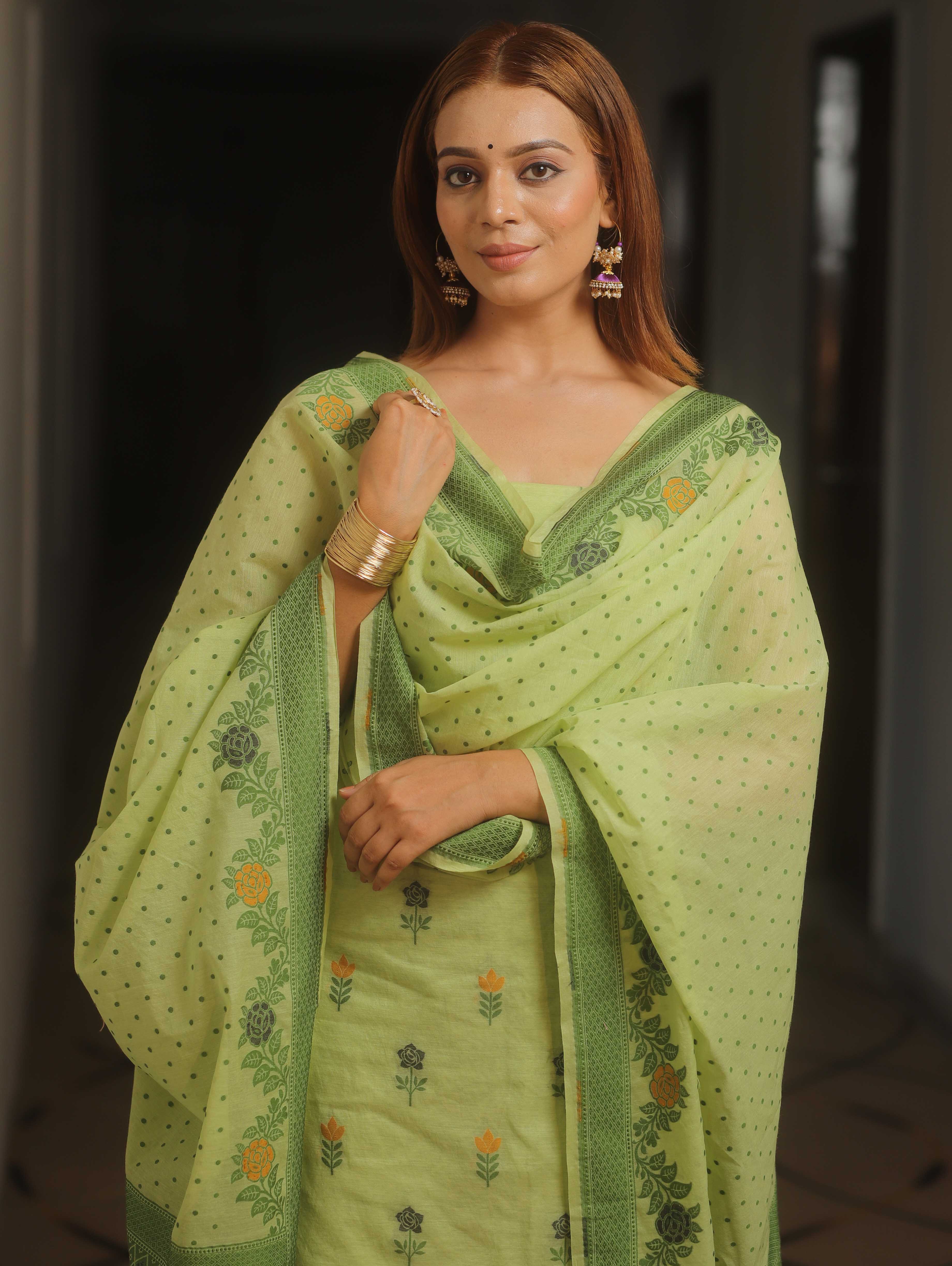 Banarasee Cotton Salwar Kameez Fabric With Dupatta & Resham Zari-Light Green