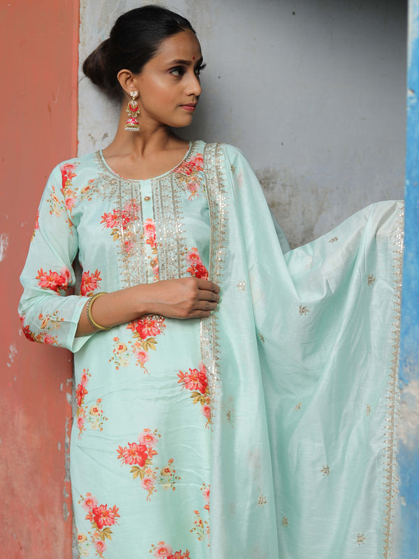 Banarasee Muslin Silk Kurta Pants With Dupatta Suit Set-Sea Green