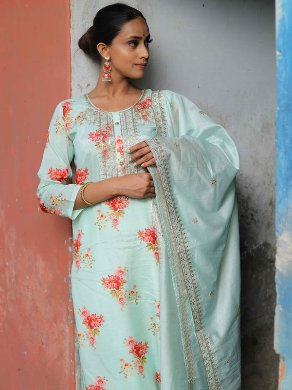 Banarasee Muslin Silk Kurta Pants With Dupatta Suit Set-Sea Green