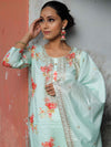 Banarasee Muslin Silk Kurta Pants With Dupatta Suit Set-Sea Green