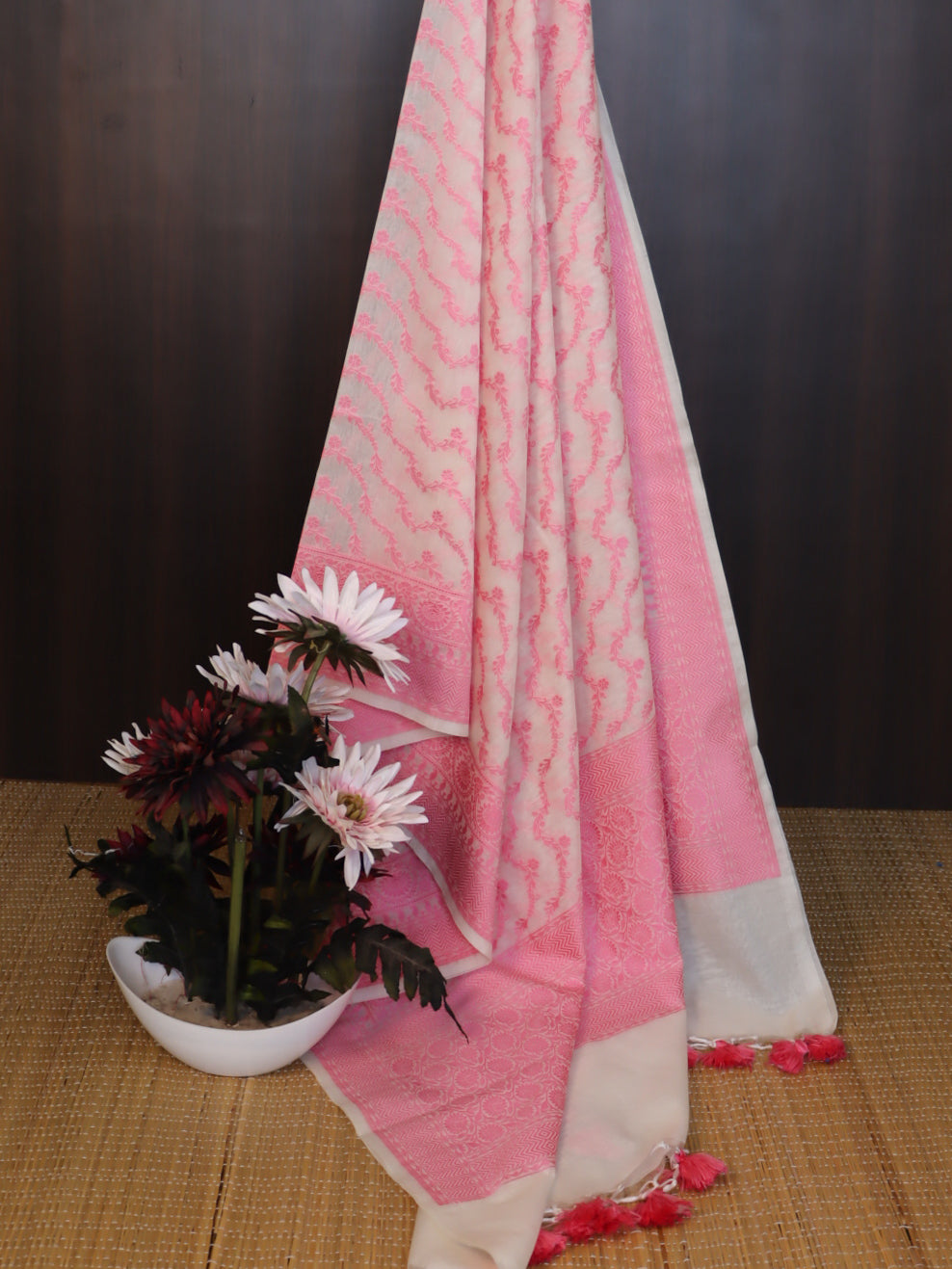 Banarasee Cotton Resham Zari Dupatta-White