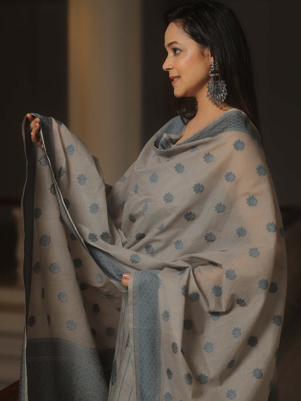 Banarasee Cotton Salwar Kameez Fabric With Dupatta & Resham Zari-Grey