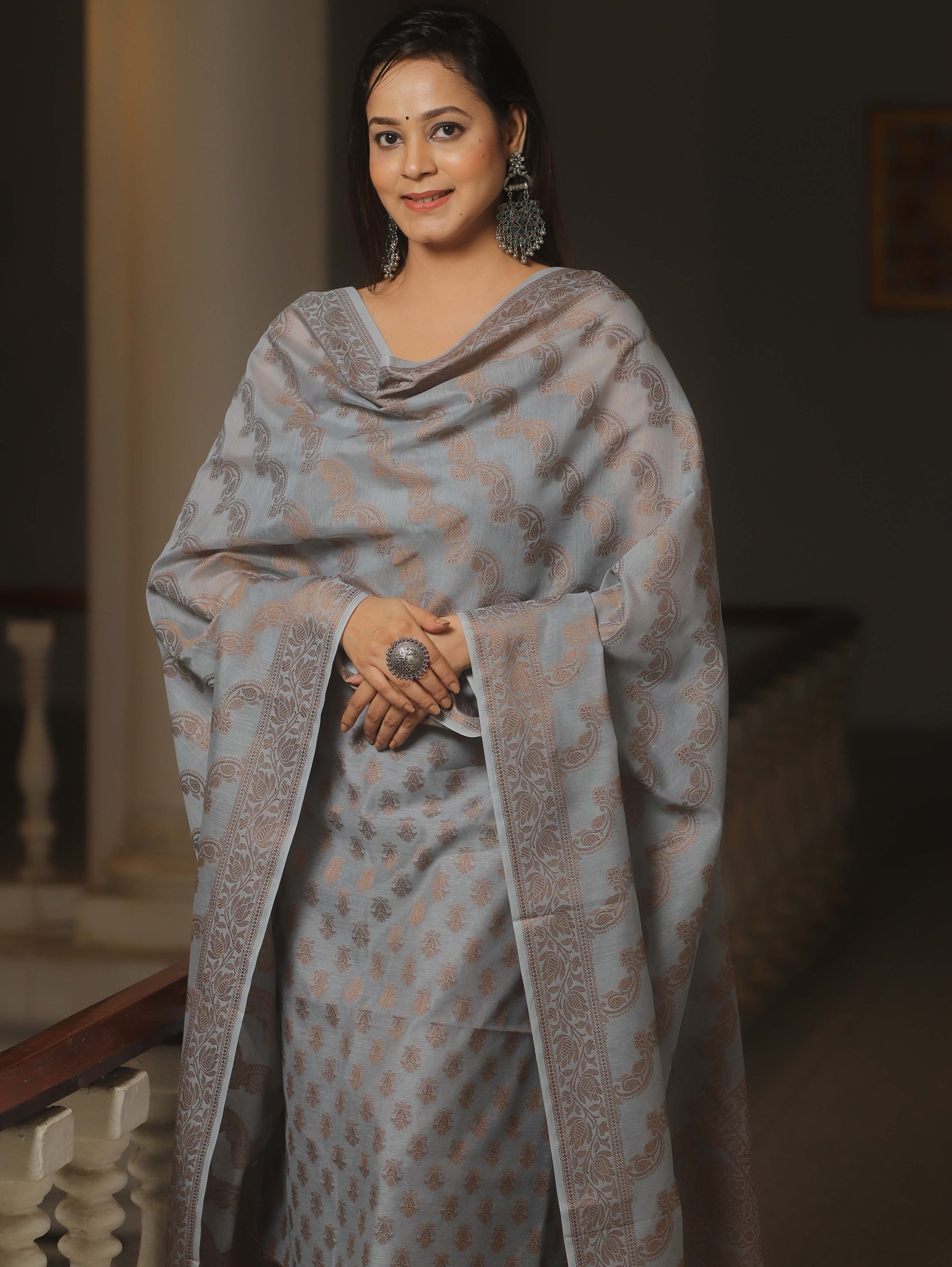 Banarasee Cotton Salwar Kameez Fabric With Dupatta & Resham Zari-Grey