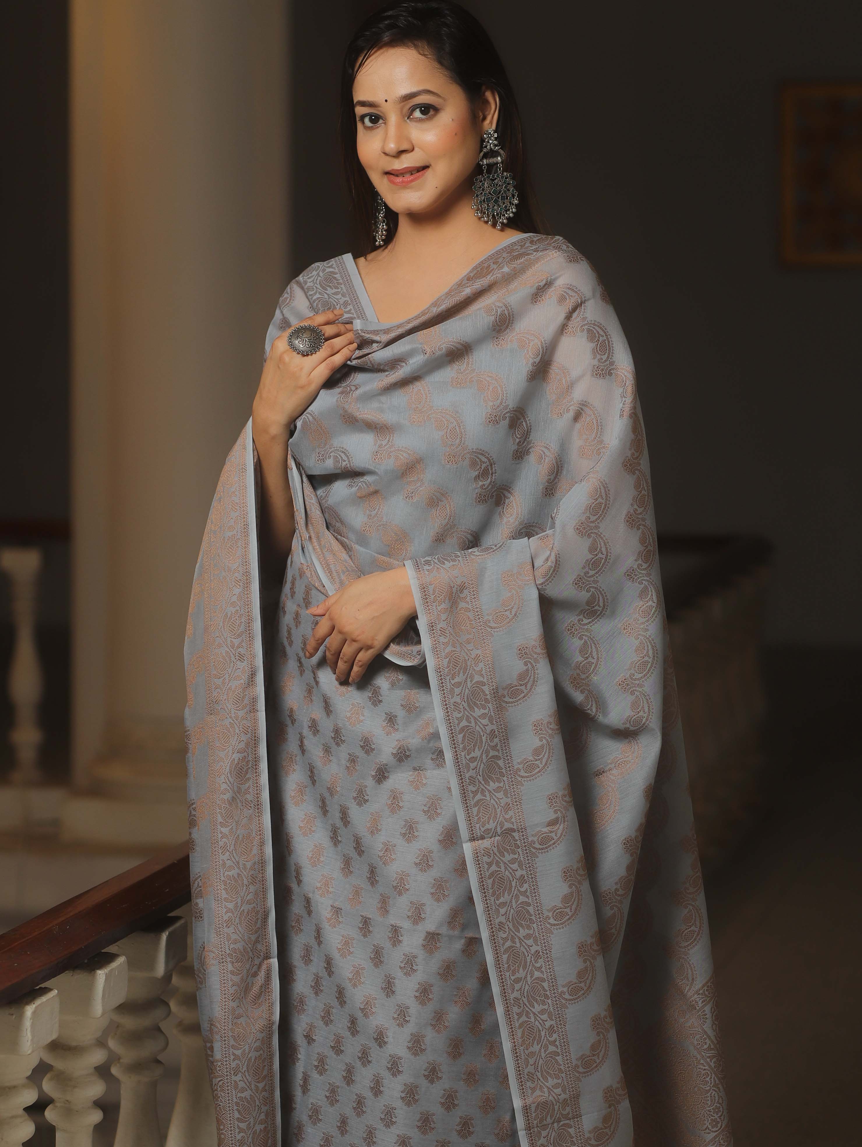 Banarasee Cotton Salwar Kameez Fabric With Dupatta & Resham Zari-Grey