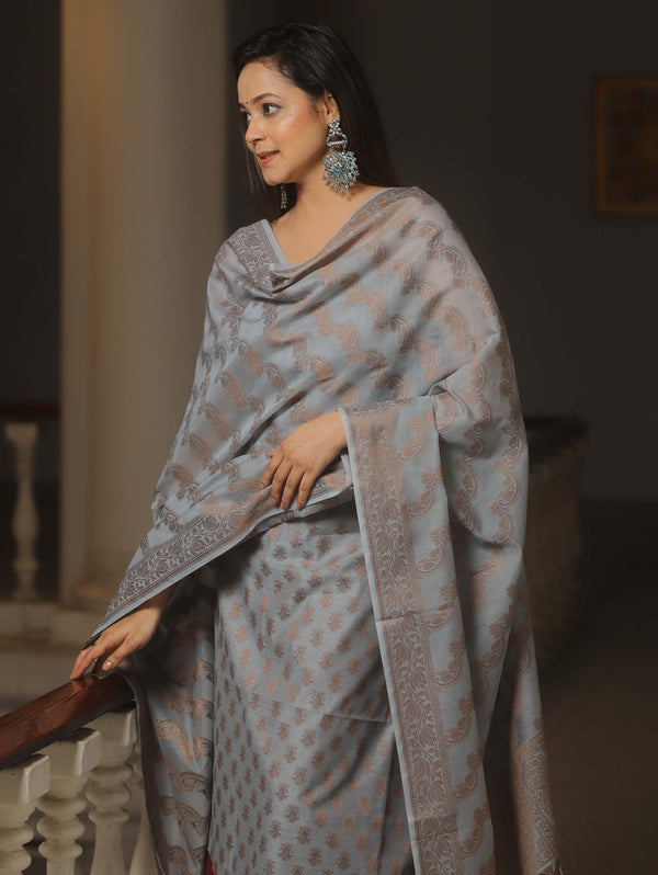 Banarasee Cotton Salwar Kameez Fabric With Dupatta & Resham Zari-Grey