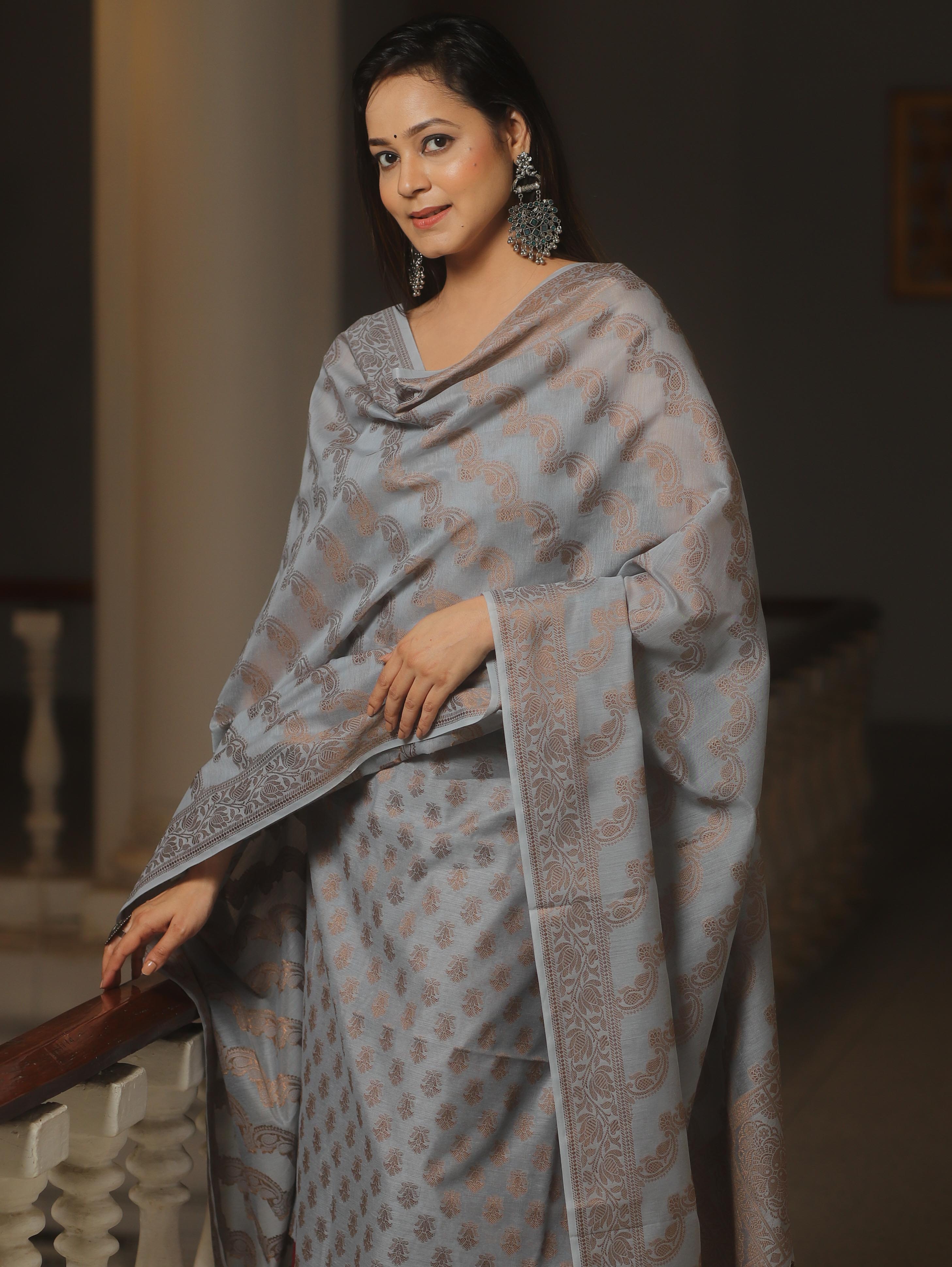 Banarasee Cotton Salwar Kameez Fabric With Dupatta & Resham Zari-Grey