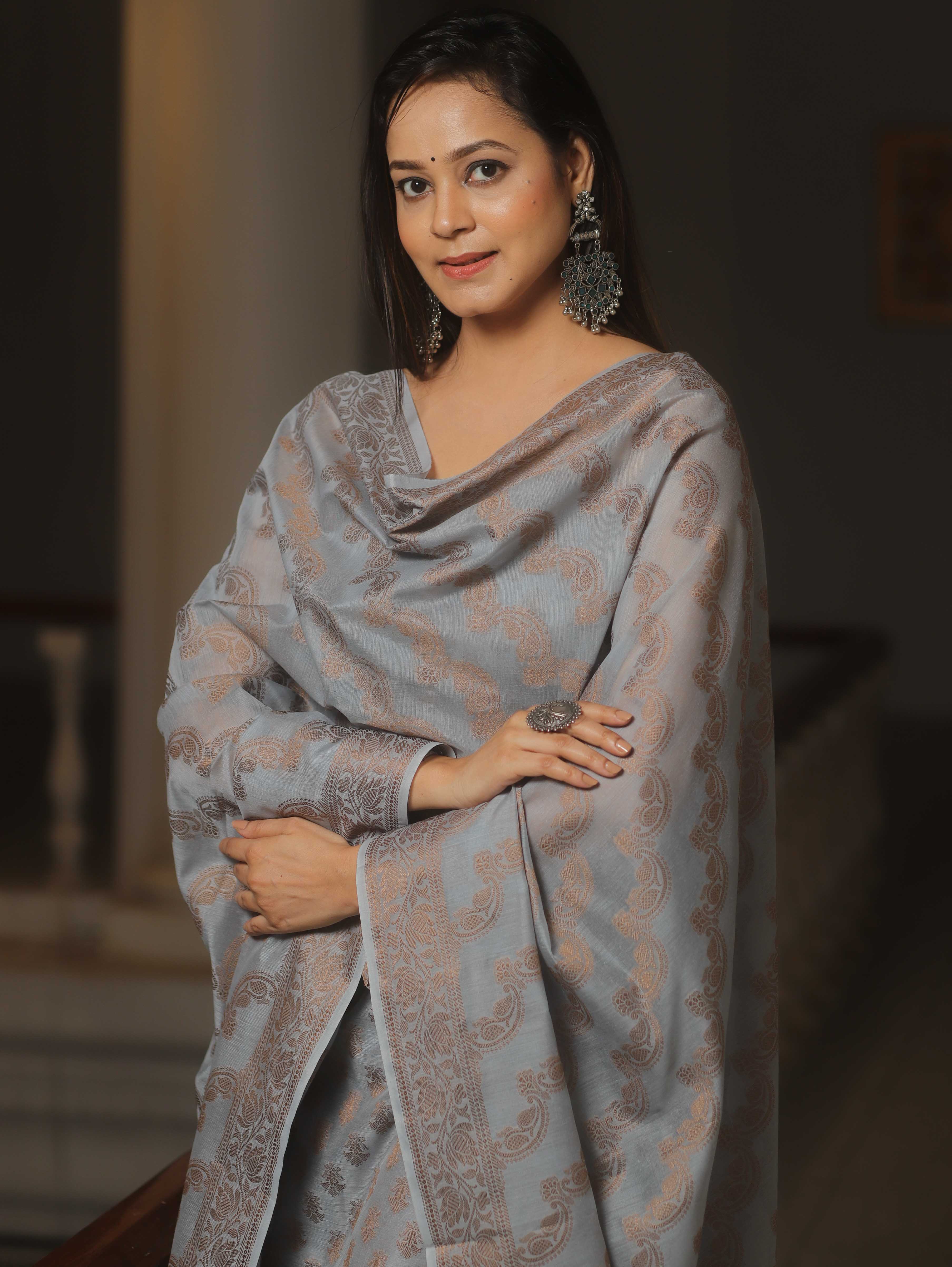 Banarasee Cotton Salwar Kameez Fabric With Dupatta & Resham Zari-Grey