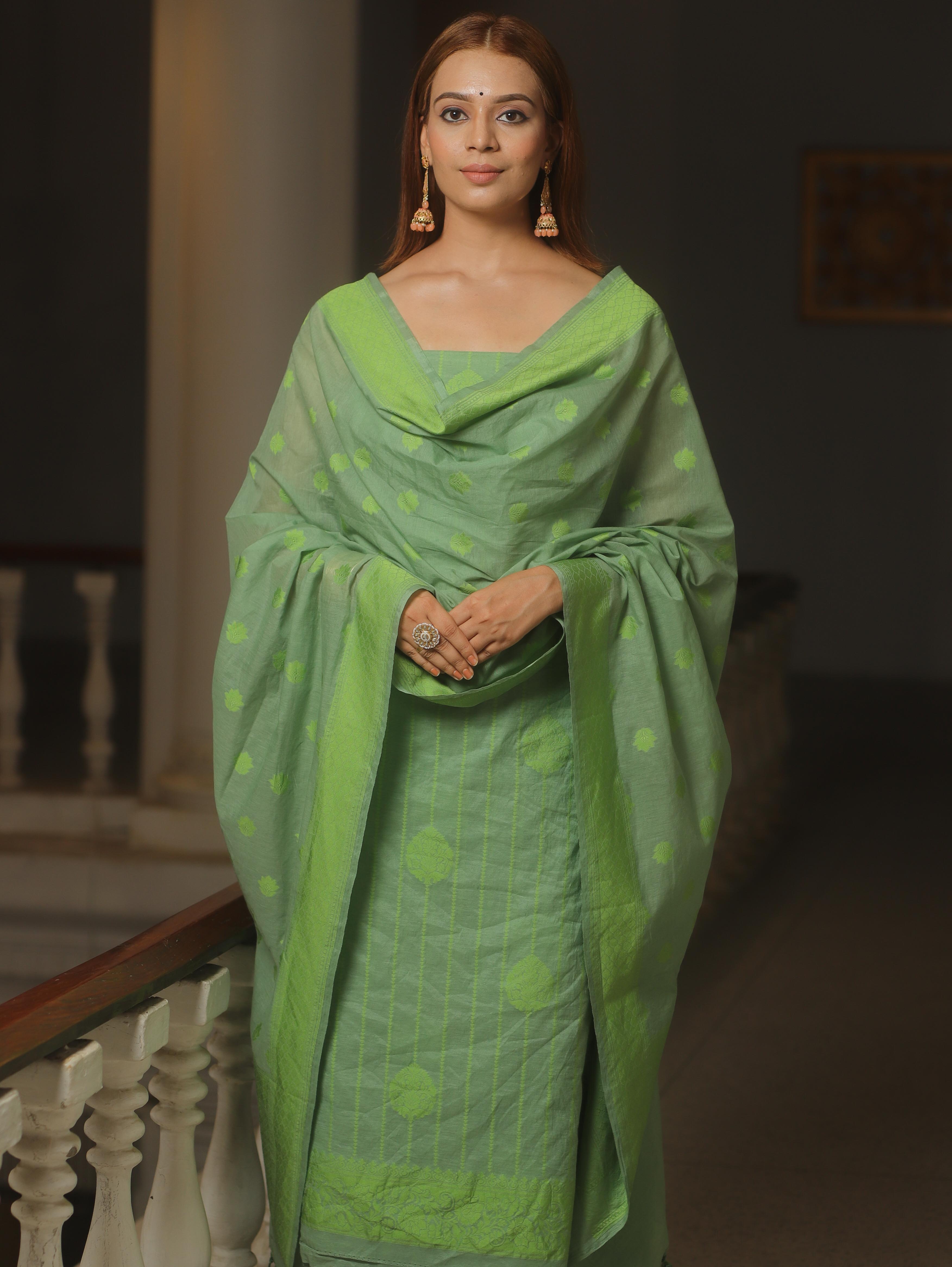 Banarasee Cotton Salwar Kameez Fabric With Dupatta & Resham Zari-Green