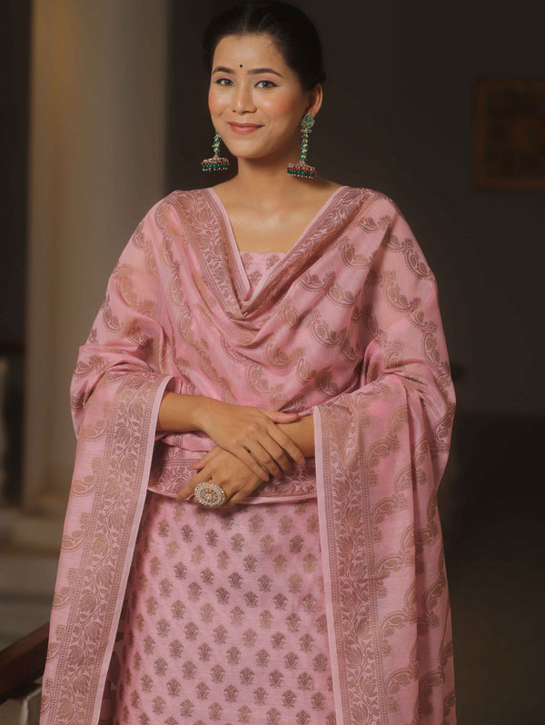 Banarasee Cotton Salwar Kameez Fabric With Dupatta & Resham Zari-Pink