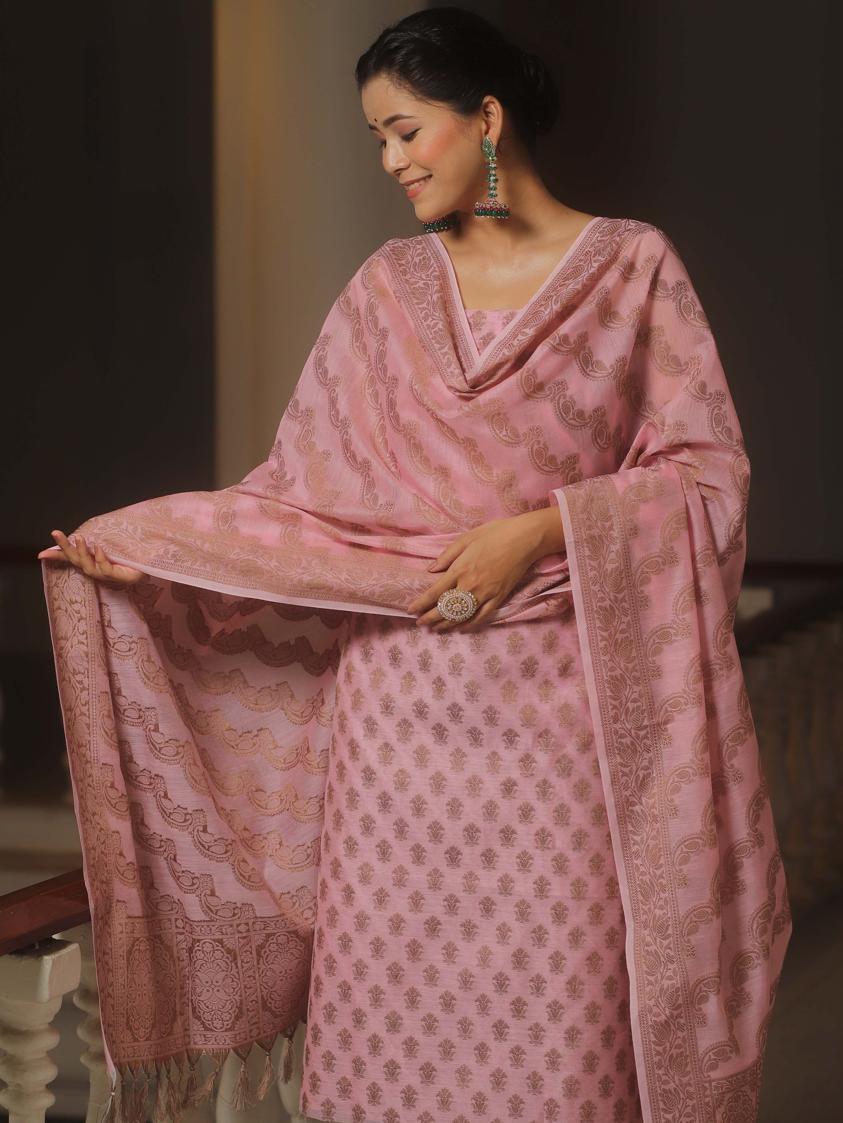 Banarasee Cotton Salwar Kameez Fabric With Dupatta & Resham Zari-Pink