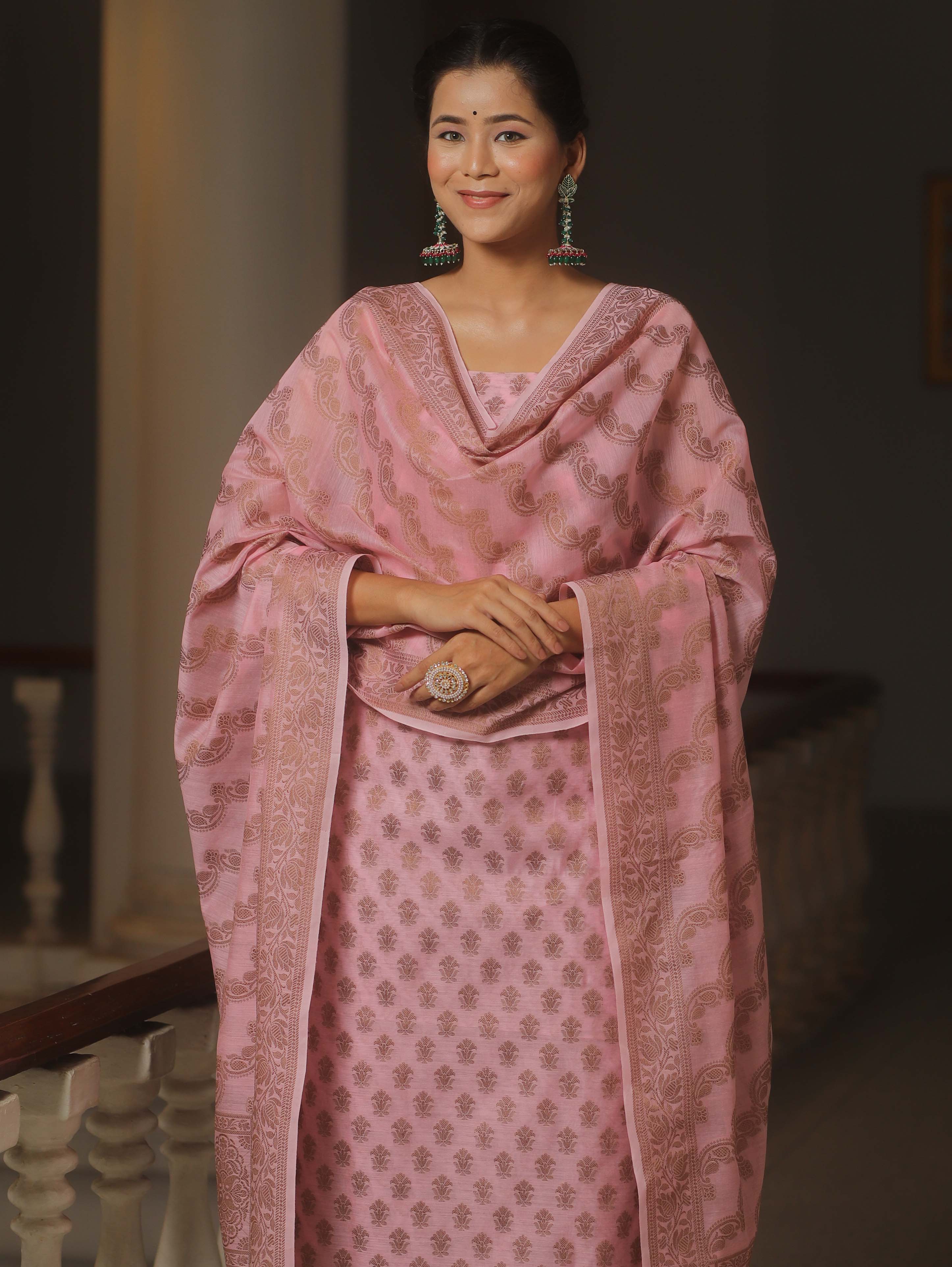 Banarasee Cotton Salwar Kameez Fabric With Dupatta & Resham Zari-Pink