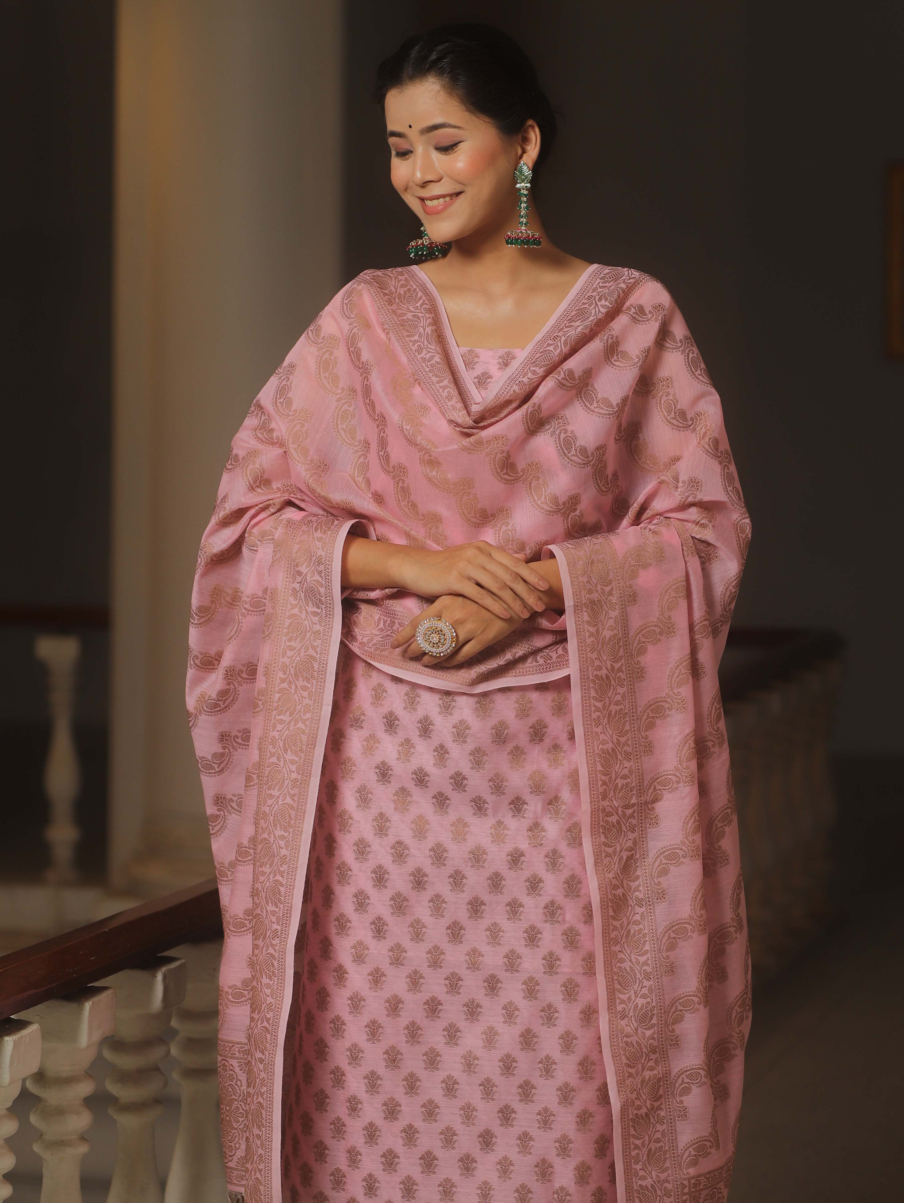 Banarasee Cotton Salwar Kameez Fabric With Dupatta & Resham Zari-Pink