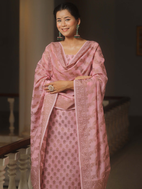 Banarasee Cotton Salwar Kameez Fabric With Dupatta & Resham Zari-Pink