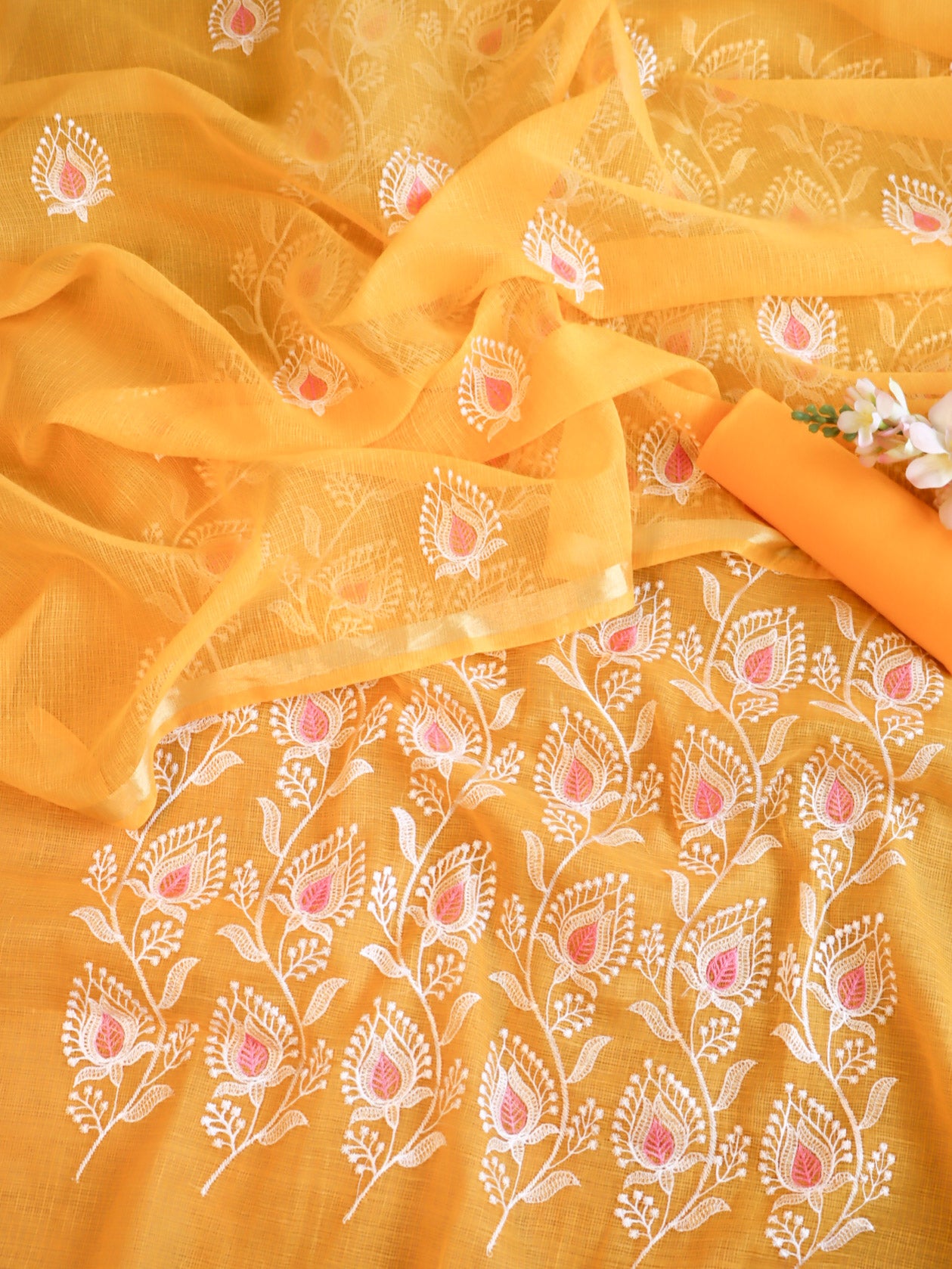 Banarasee Kota Doria Hand-Embroidered Salwar Kameez With Dupatta Set-Yellow