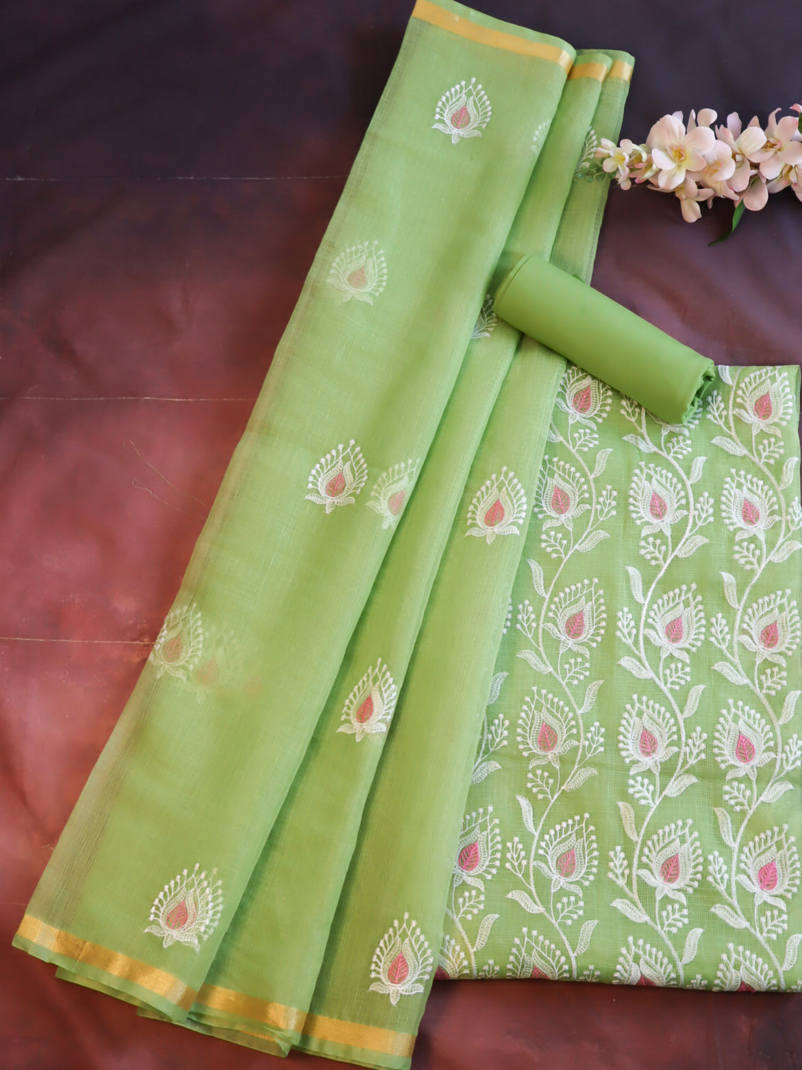 Banarasee Kota Doria Hand-Embroidered Salwar Kameez With Dupatta Set-Light Green