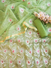 Banarasee Kota Doria Hand-Embroidered Salwar Kameez With Dupatta Set-Light Green