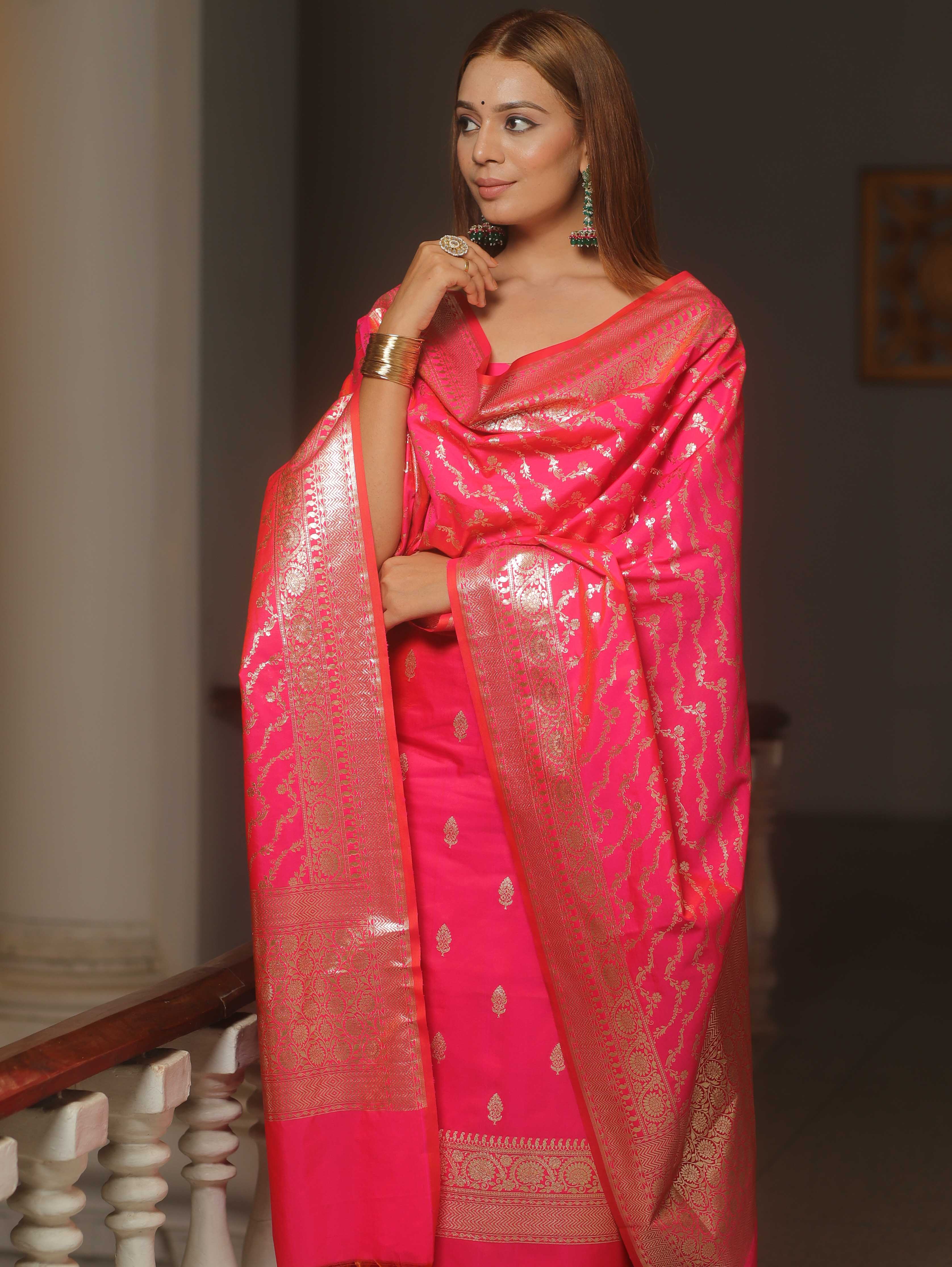 Banarasee Semi-Silk Salwar Kameez Fabric With Dupatta Set-Pink