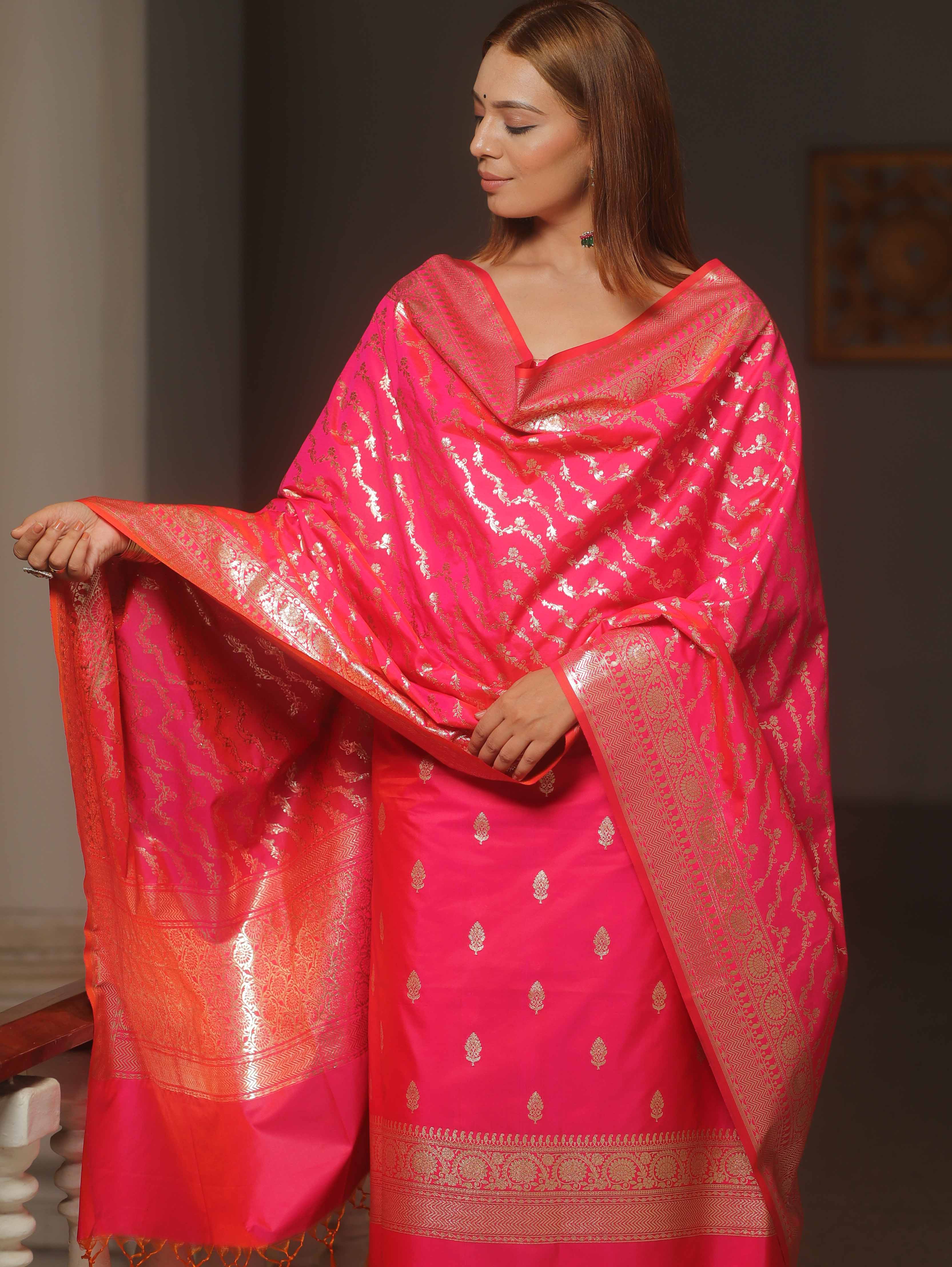 Banarasee Semi-Silk Salwar Kameez Fabric With Dupatta Set-Pink