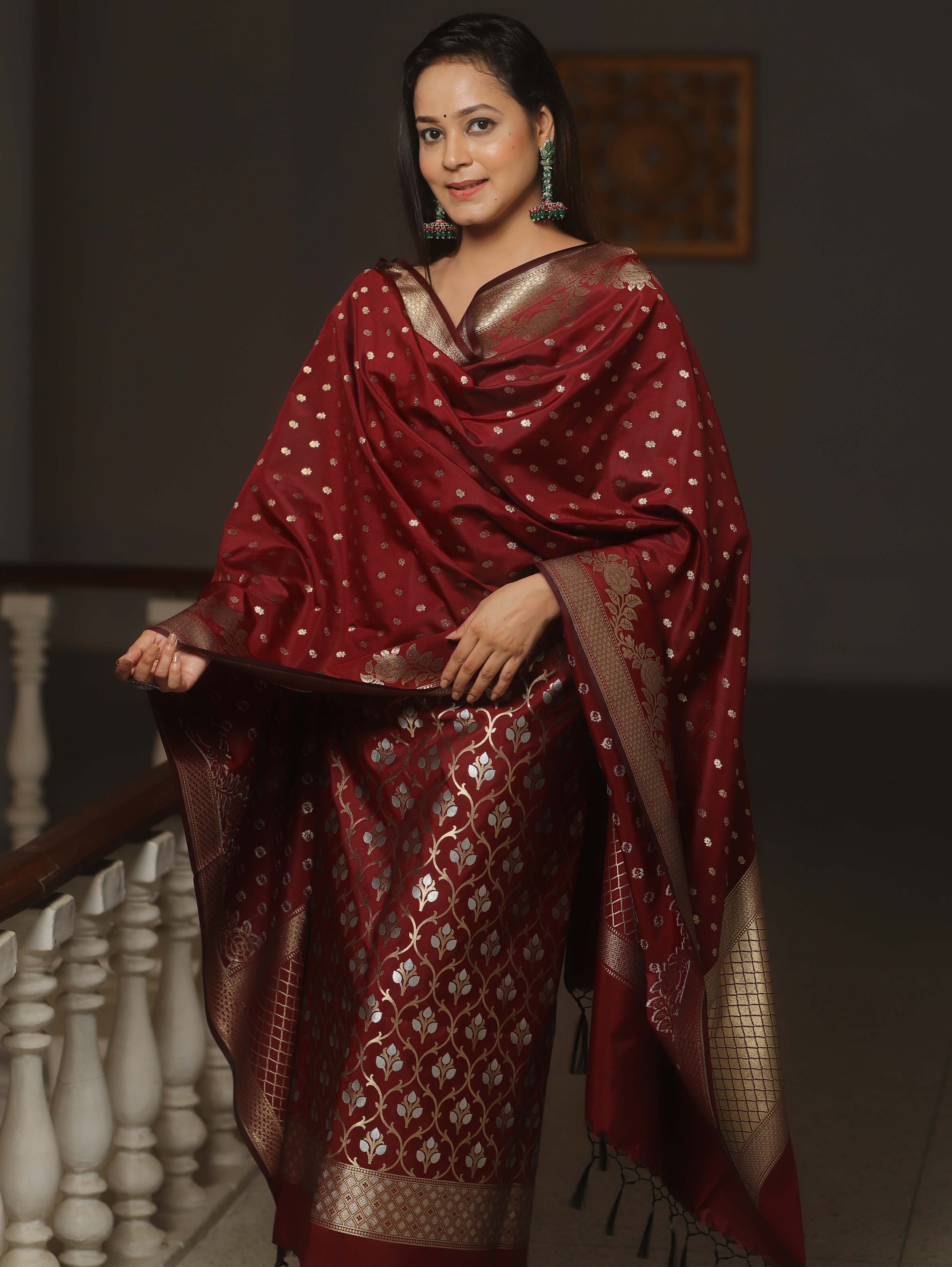 Banarasee Semi-Silk Salwar Kameez Fabric With Dupatta Set-Brown