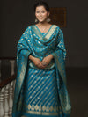 Banarasee Semi-Silk Salwar Kameez Fabric With Dupatta Set-Teal Blue