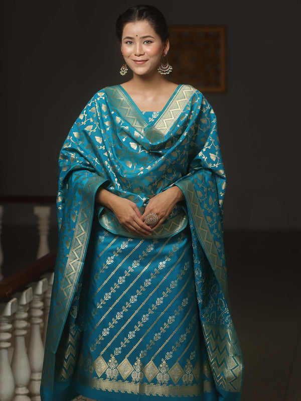 Banarasee Semi-Silk Salwar Kameez Fabric With Dupatta Set-Teal Blue