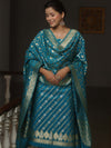 Banarasee Semi-Silk Salwar Kameez Fabric With Dupatta Set-Teal Blue