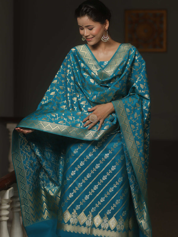 Banarasee Semi-Silk Salwar Kameez Fabric With Dupatta Set-Teal Blue