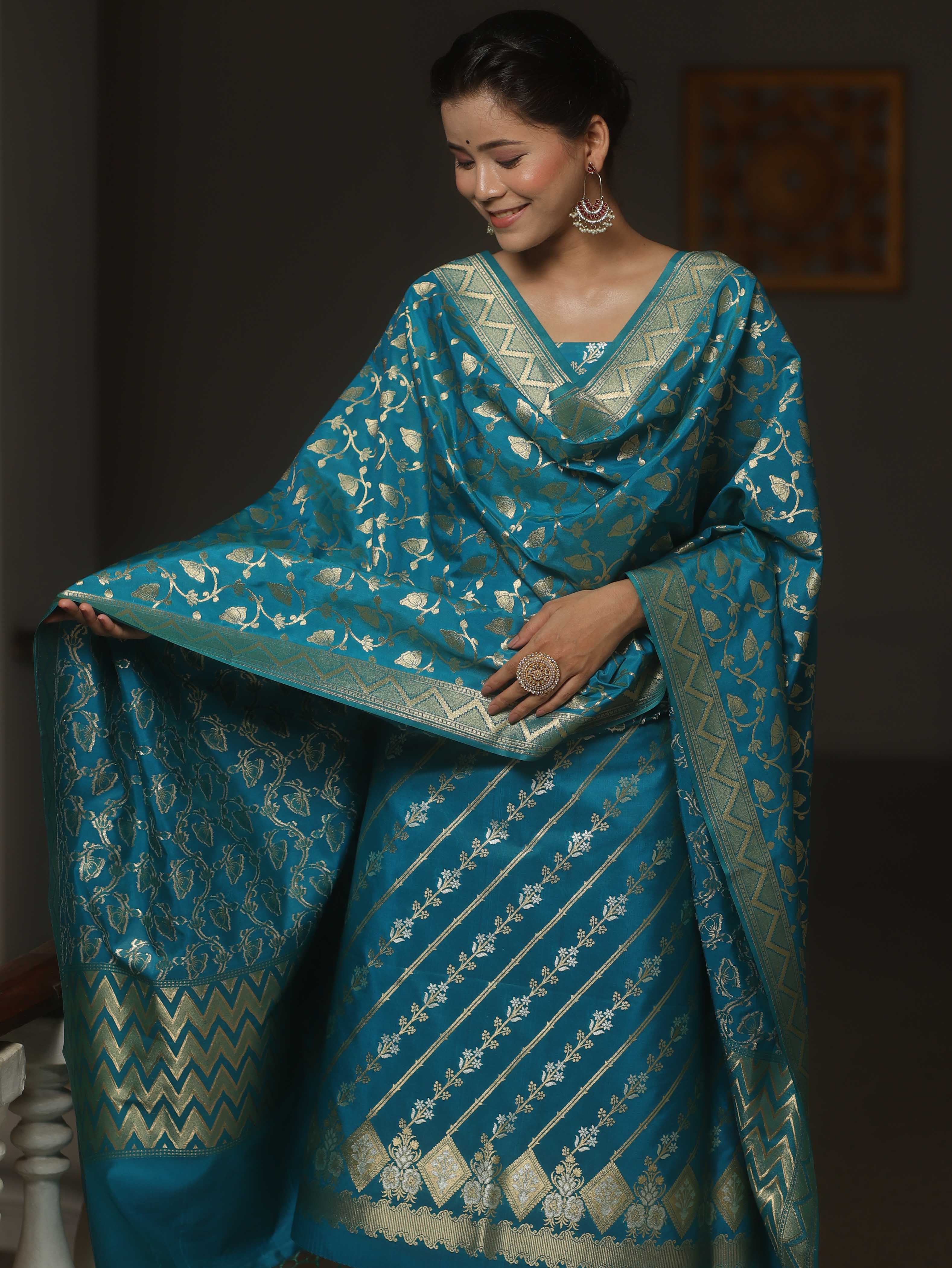 Banarasee Semi-Silk Salwar Kameez Fabric With Dupatta Set-Teal Blue